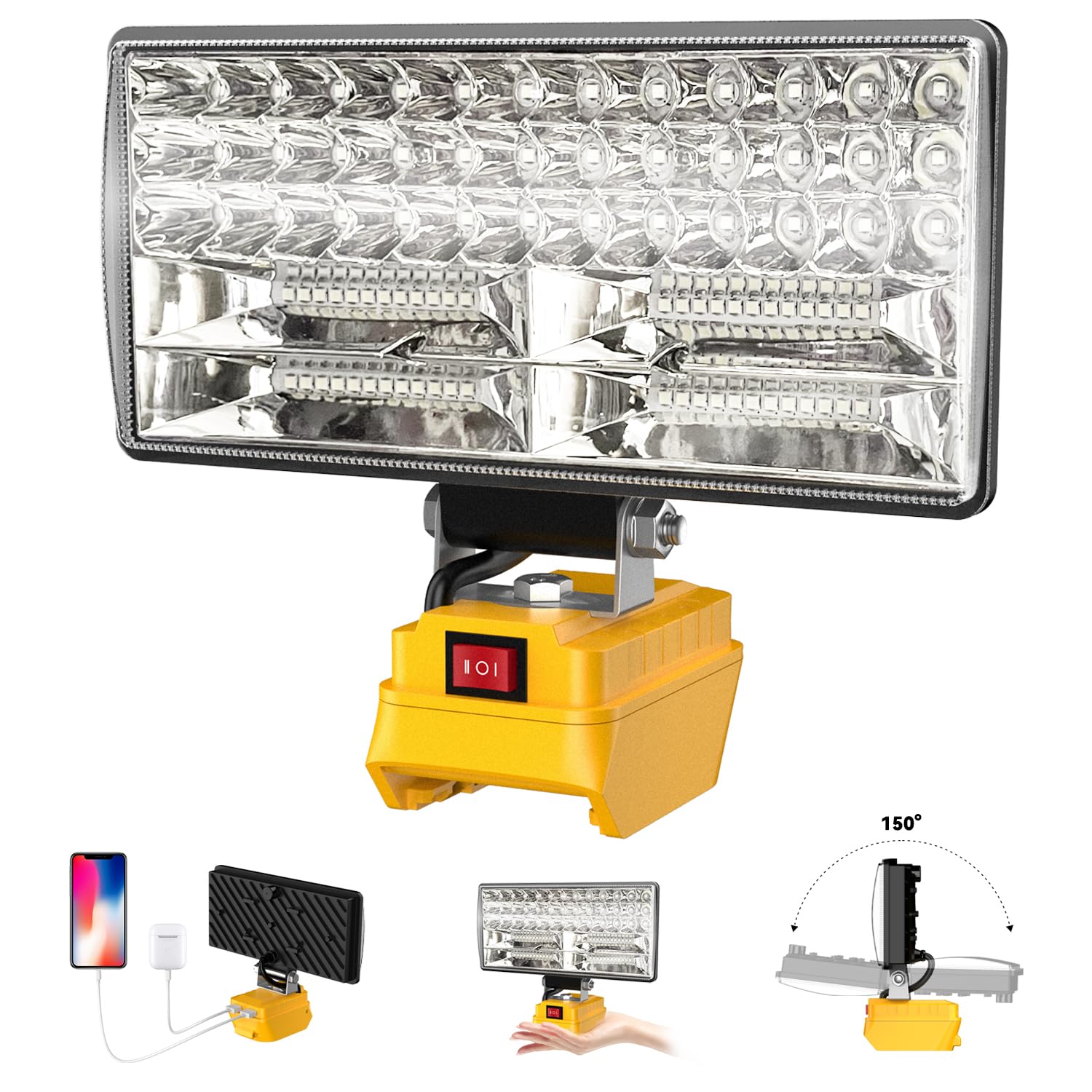 8'' Cordless LED Work Light for Dewalt 20V Battery, Two Levels Adjustable Flood Light up to 90W 5400 Lumens with USB Charging Po