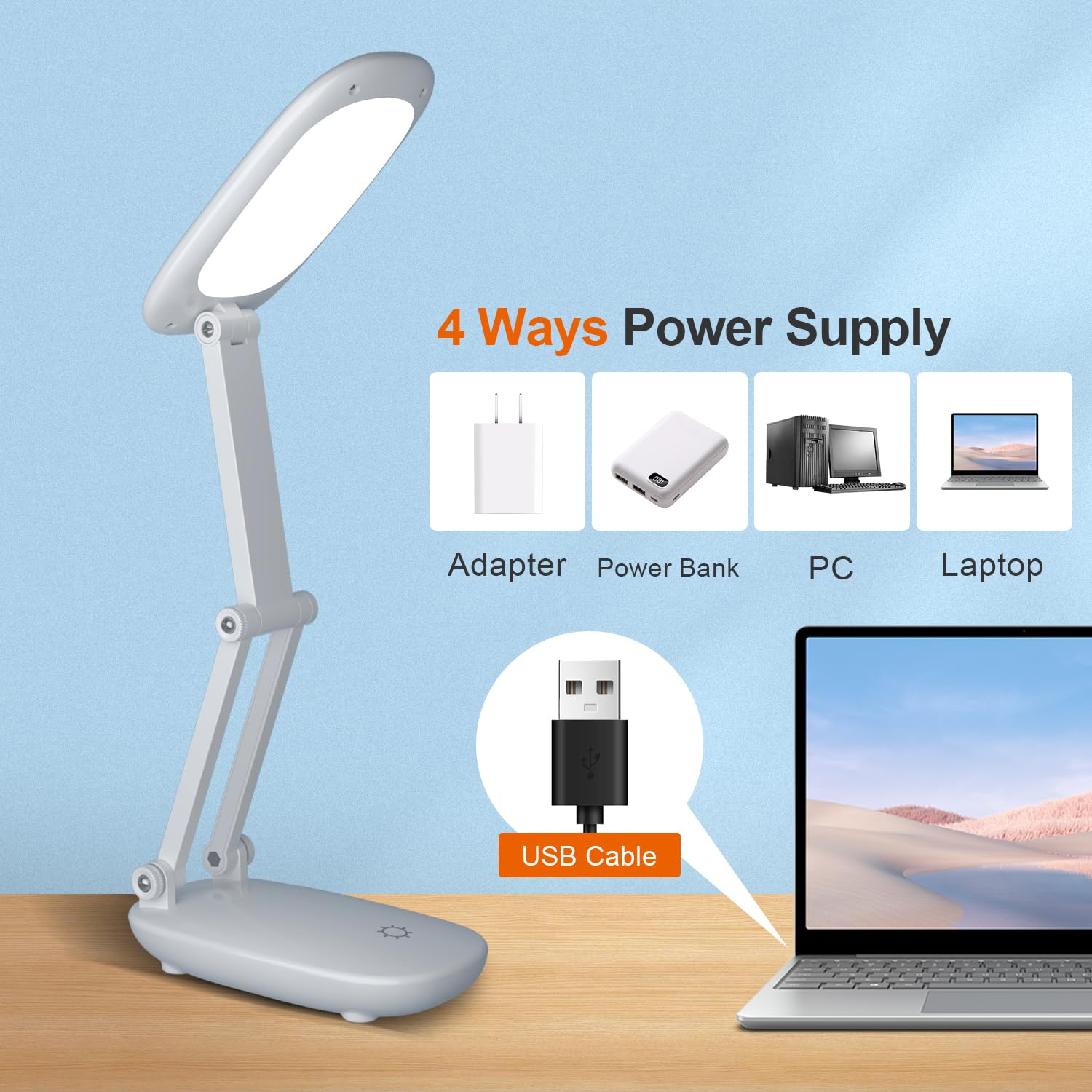 Akejrym Led Desk Lamp For Office Home & Battery Operated Lamp Rechargeable Lamp Foldable & Portable Light, [2-Fold Bracket] 3 Brightness Dimmable Small Desk Lamp Wireless Reading Lamp (White)