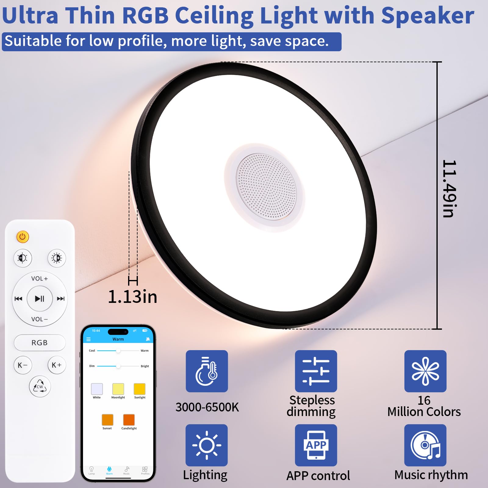 Uprizep Rgb Led Ceiling Light  With Bluetooth Speaker  24W 12Inch Smart Music Ceiling Lamp With App And Remote Control  3000K-6500K Color Changing Lights Fixture For Child Bedroom Bathroom  Black