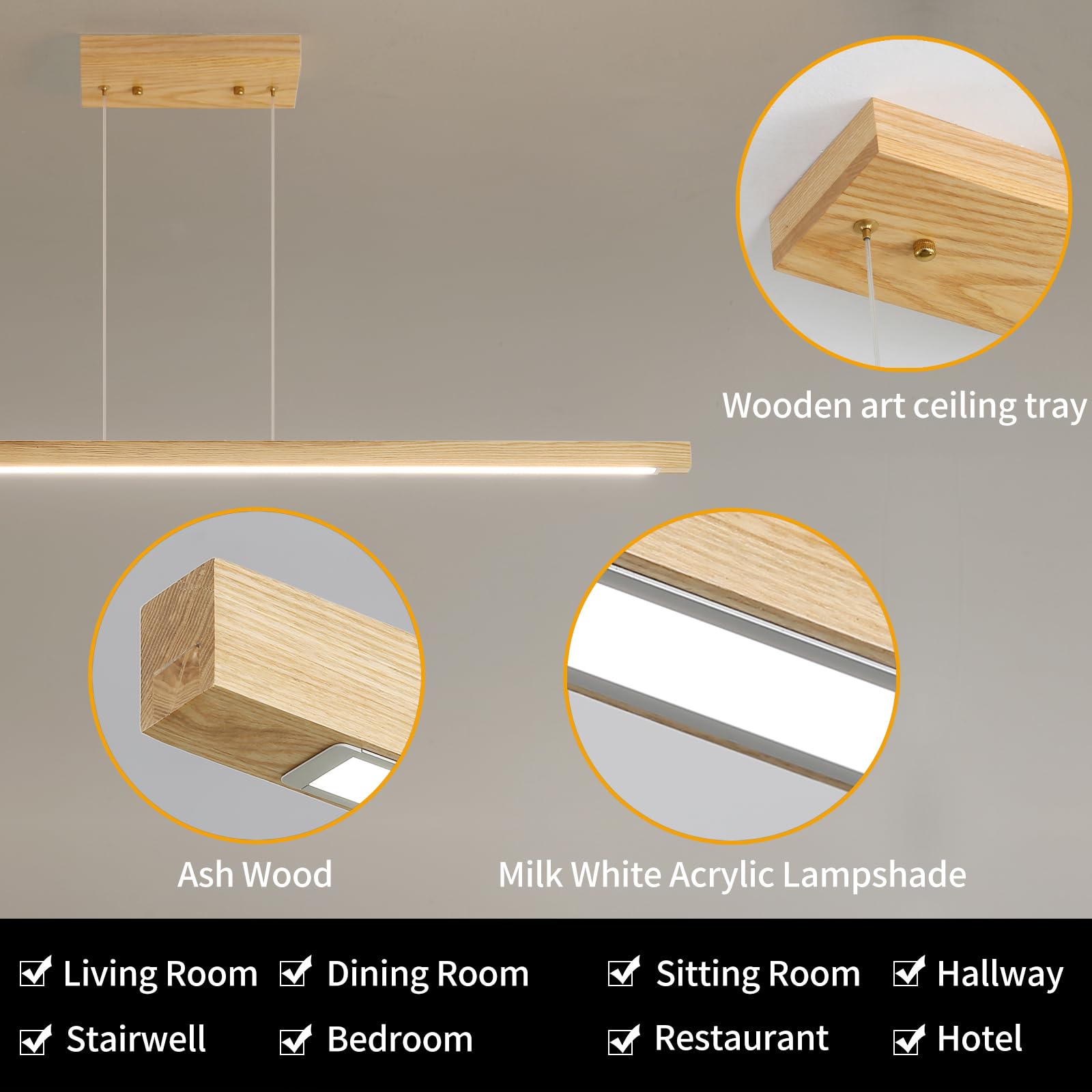 Wooden Linear Pendant Light, 39'' Modern Chandeliers For Dining Room, Dimmable Pool Table Island Lights For Kitchen, Led Ceiling