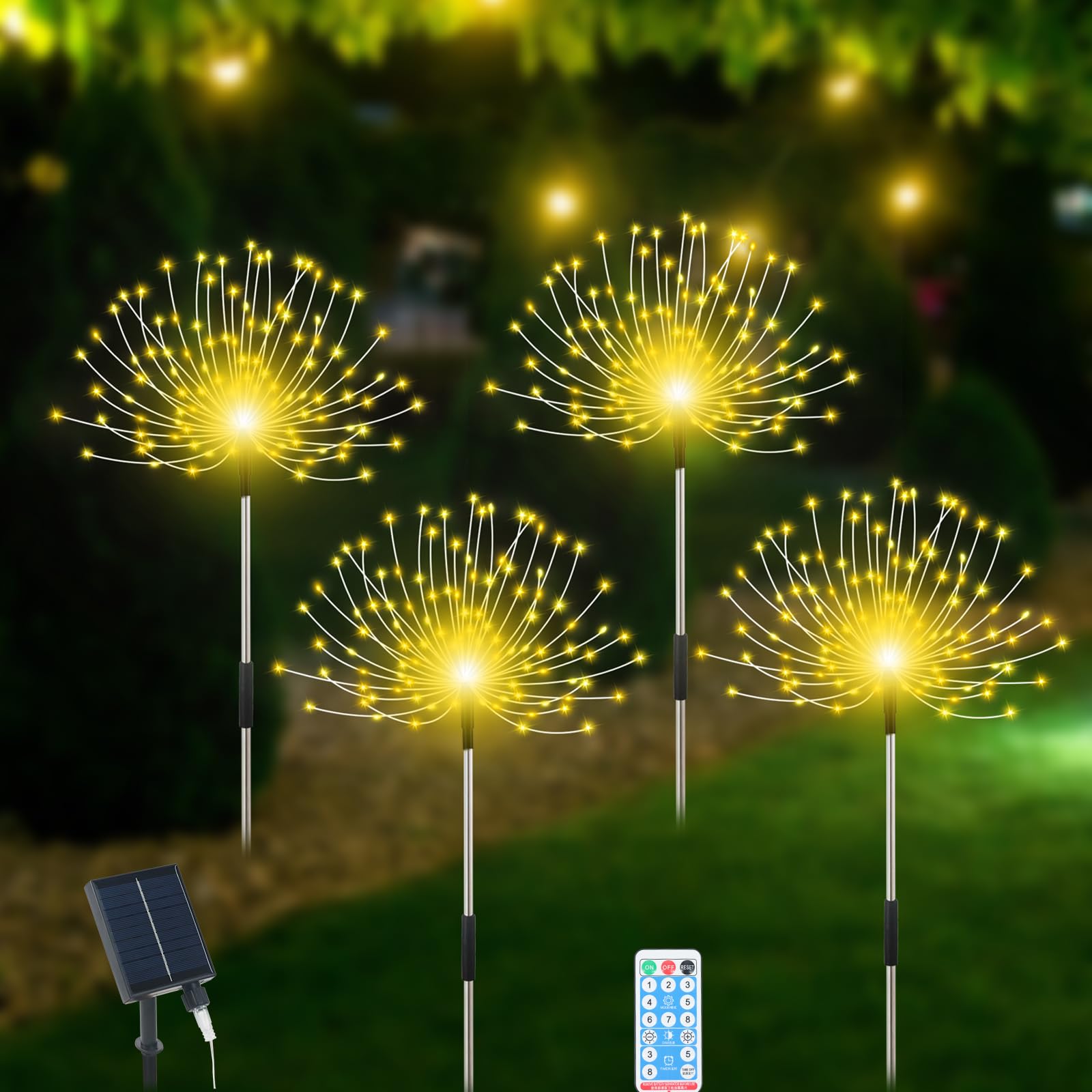 Slyuexu Solar Garden Lights, 480 LED Firework Lights, 4 Pack, Warm White, Waterproof, 8 Lighting Modes, Model YF0003