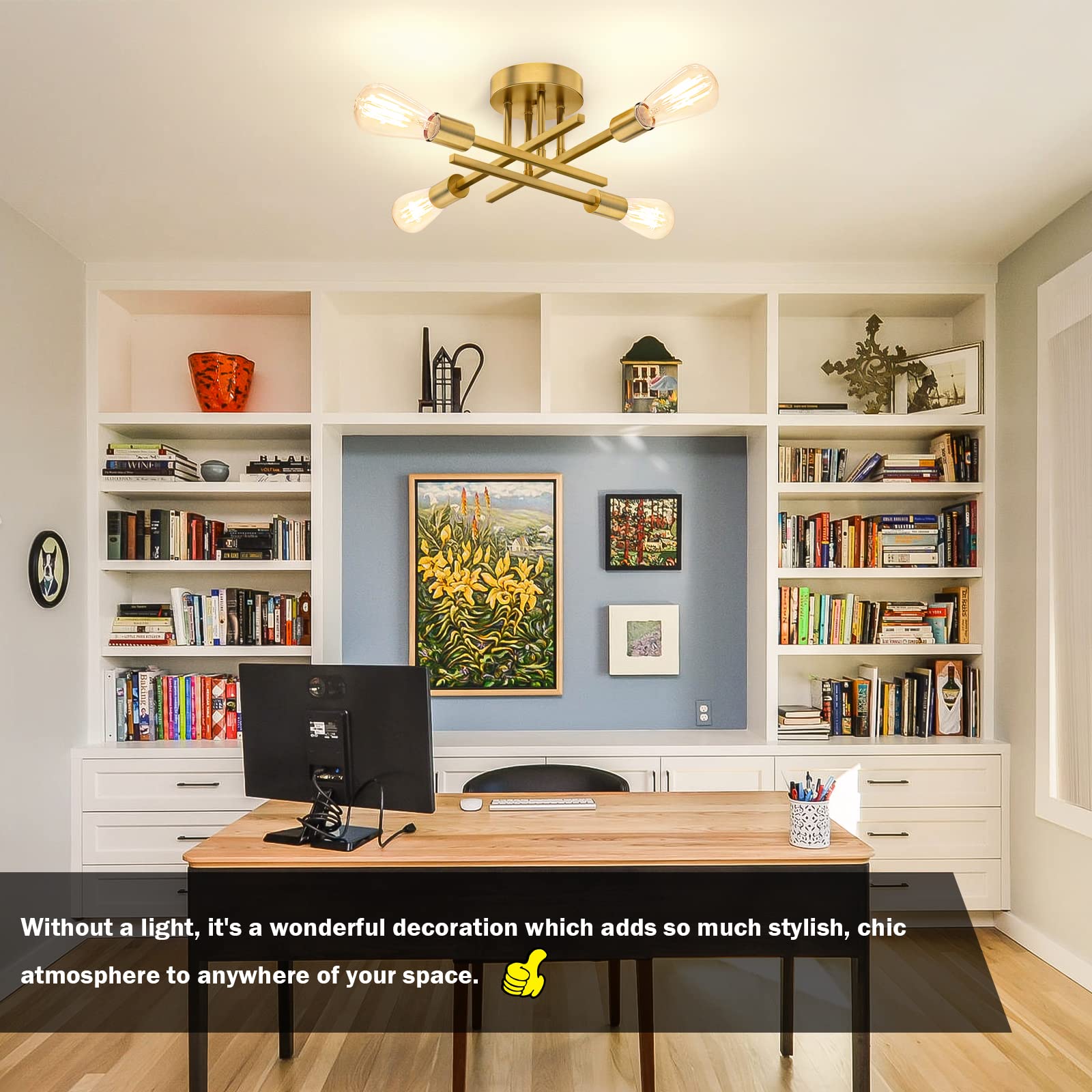 Gold Semi Flush Mount Ceiling Light Fixture, 4-Light Modern Industrial Sputnik Chandelier Light Fixture, Flush Mount Ceiling Lam