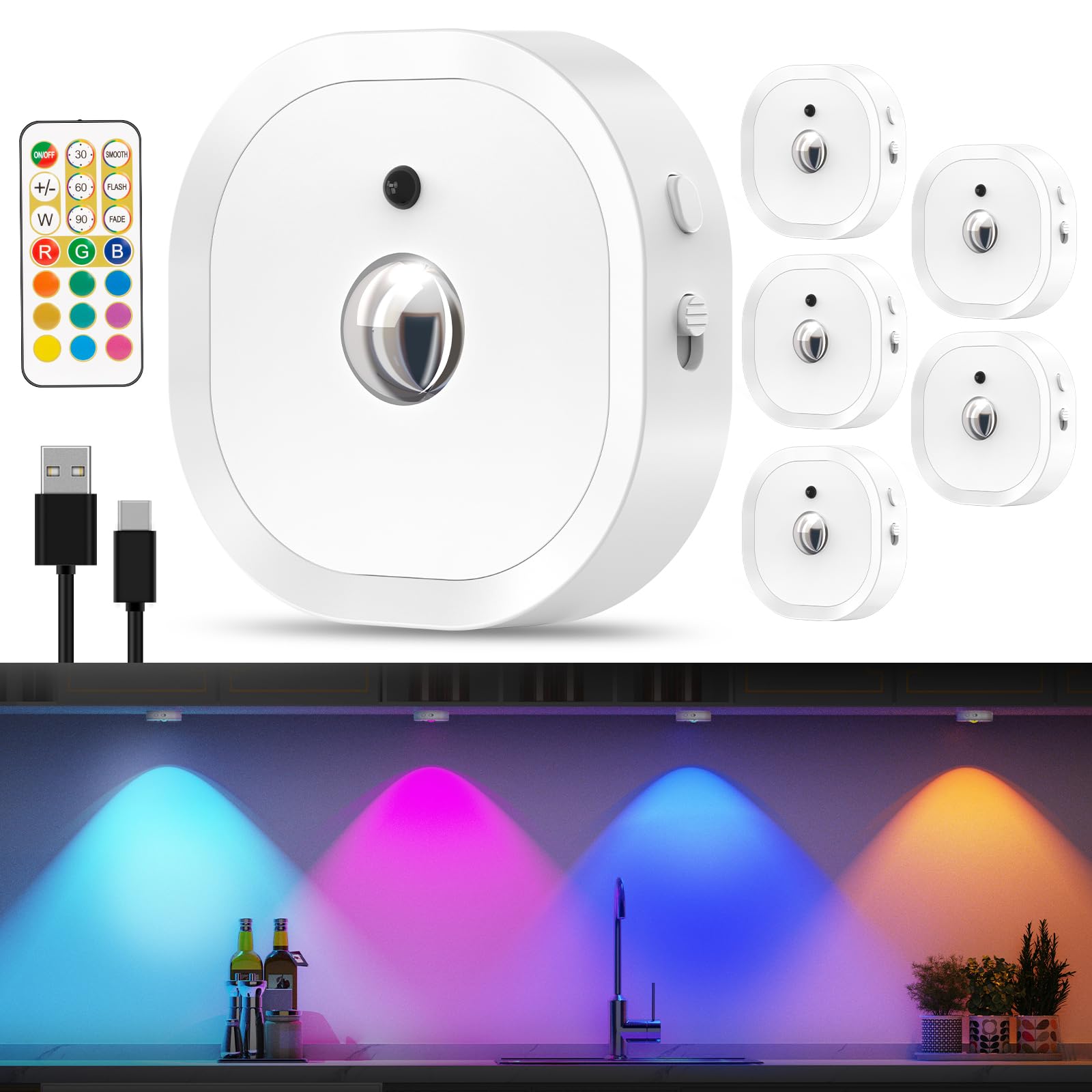 HOMEBEST Puck Lights with Remote, 13 RGB Colors, Rechargeable, Wireless Tap Light, White 6 Pack, Model USHB-HL05-WH6P-VR12