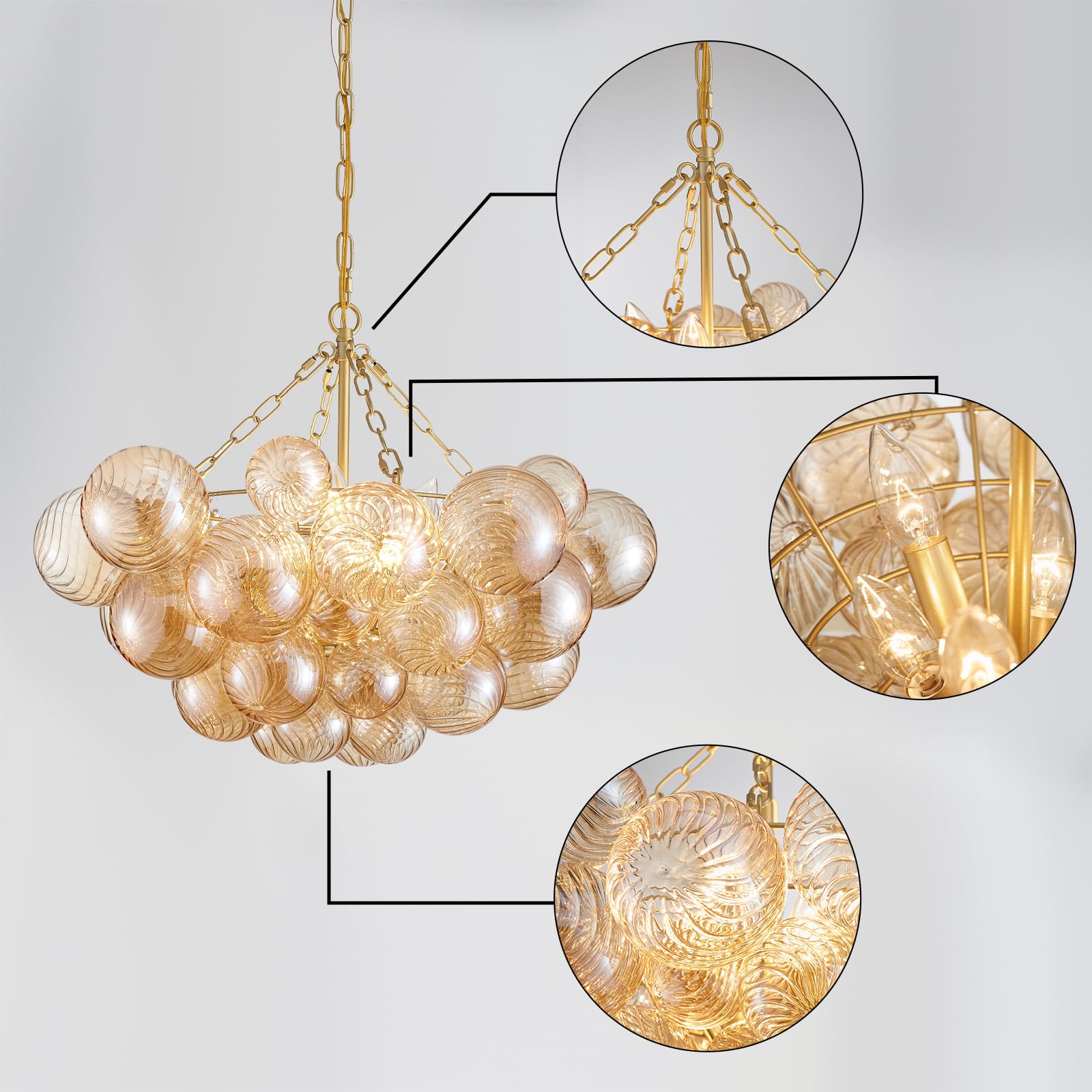 SM Saint Mossi 5-Light Bubble Ball Glass Chandelier, Amber Glass with Gold Frame, Modern Dining Room Lighting, Model SM-DY-24017