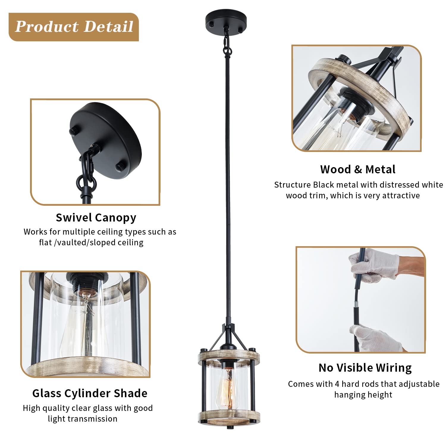 Ejerlya Farmhouse Pendant Light, Rustic White Wood And Metal Cage Hanging Light Fixtures With Glass, 43 Inch Adjustable For Flat And Slop Ceiling, Pendant Lighting For Kitchen Island Foyer Hallway