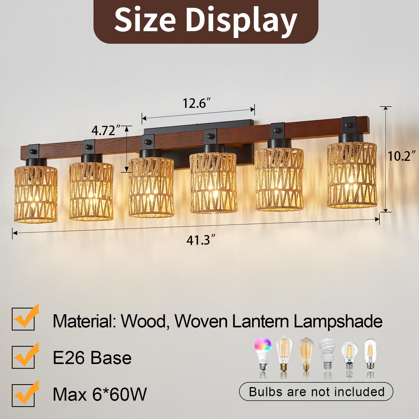 Aixialin 6 Light Bathroom Vanity Light Fixtures, Rustic Style Farmhouse Wood Bathroom Wall Sconce, Handmade Bamboo Woven Boho Wi