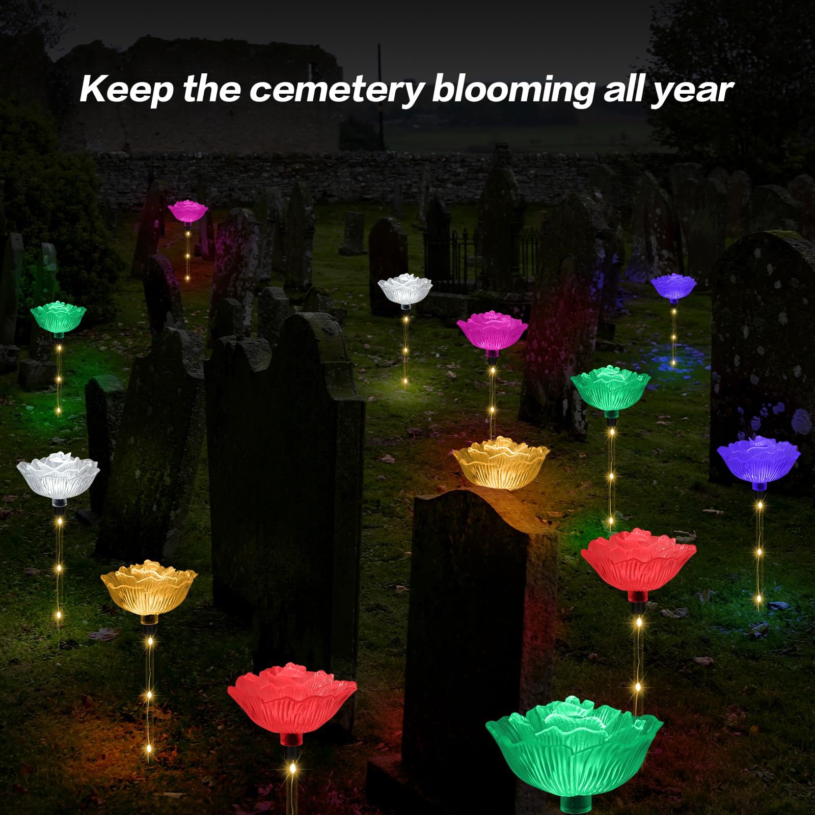 Behiller 6-Pack Solar Garden Lights, Waterproof Multicolor Rose Flower Decor For Christmas & Gifts
