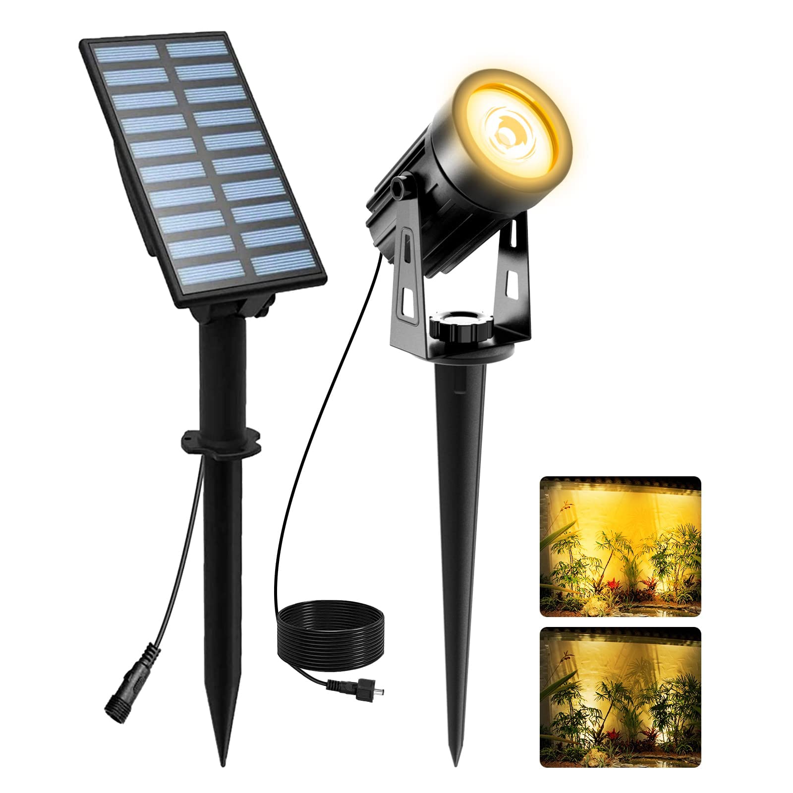 T-SUNUS Solar Landscape Spotlights, IP65 Waterproof, 2000mAh Solar Panel, 9.8ft Cable, Warm White 3000K, Aluminum, Yellow