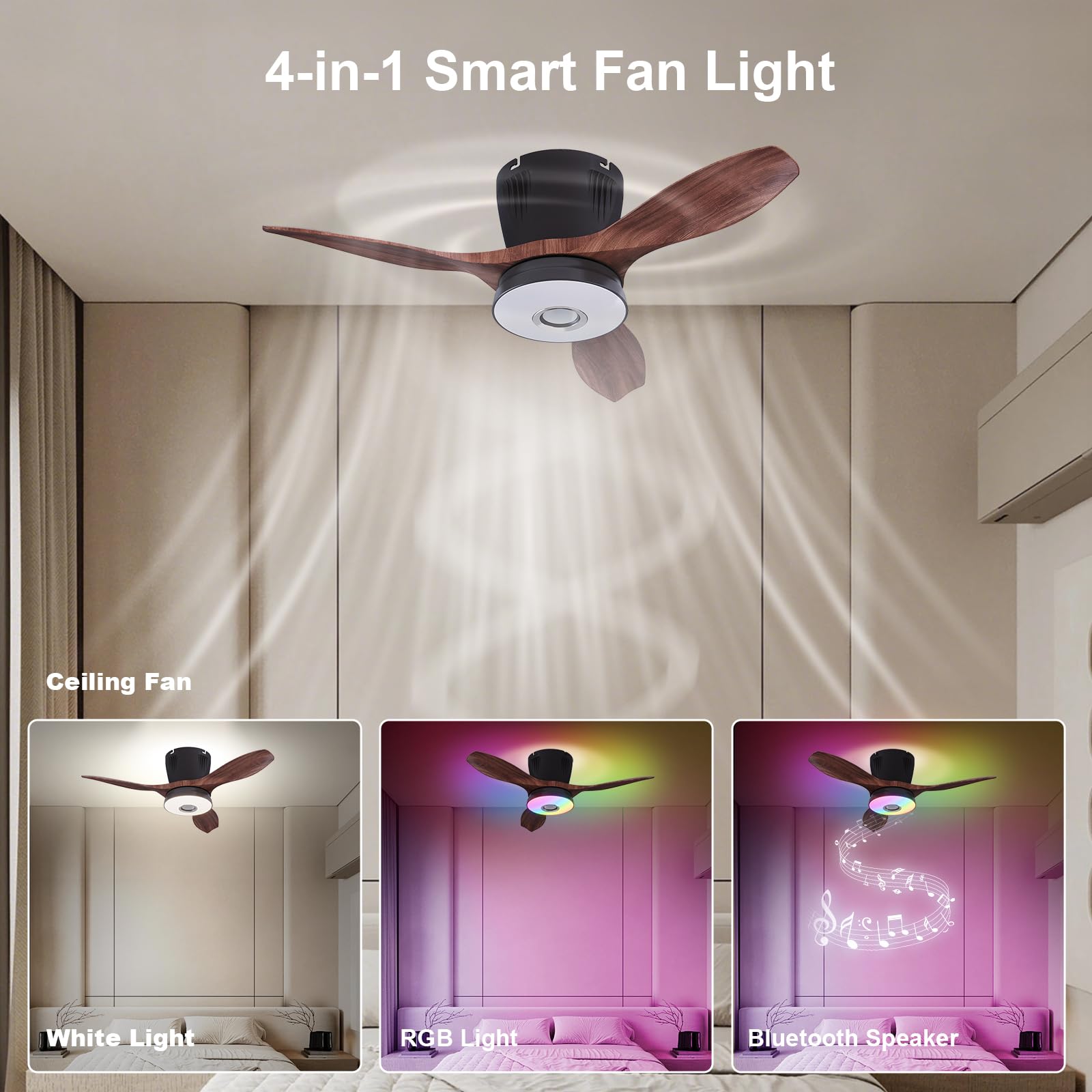 WVMNQO 21" RGB Ceiling Fan with Bluetooth Speaker, Dimmable Light, Walnut, Model LEC016R, Night Mode, Remote Control
