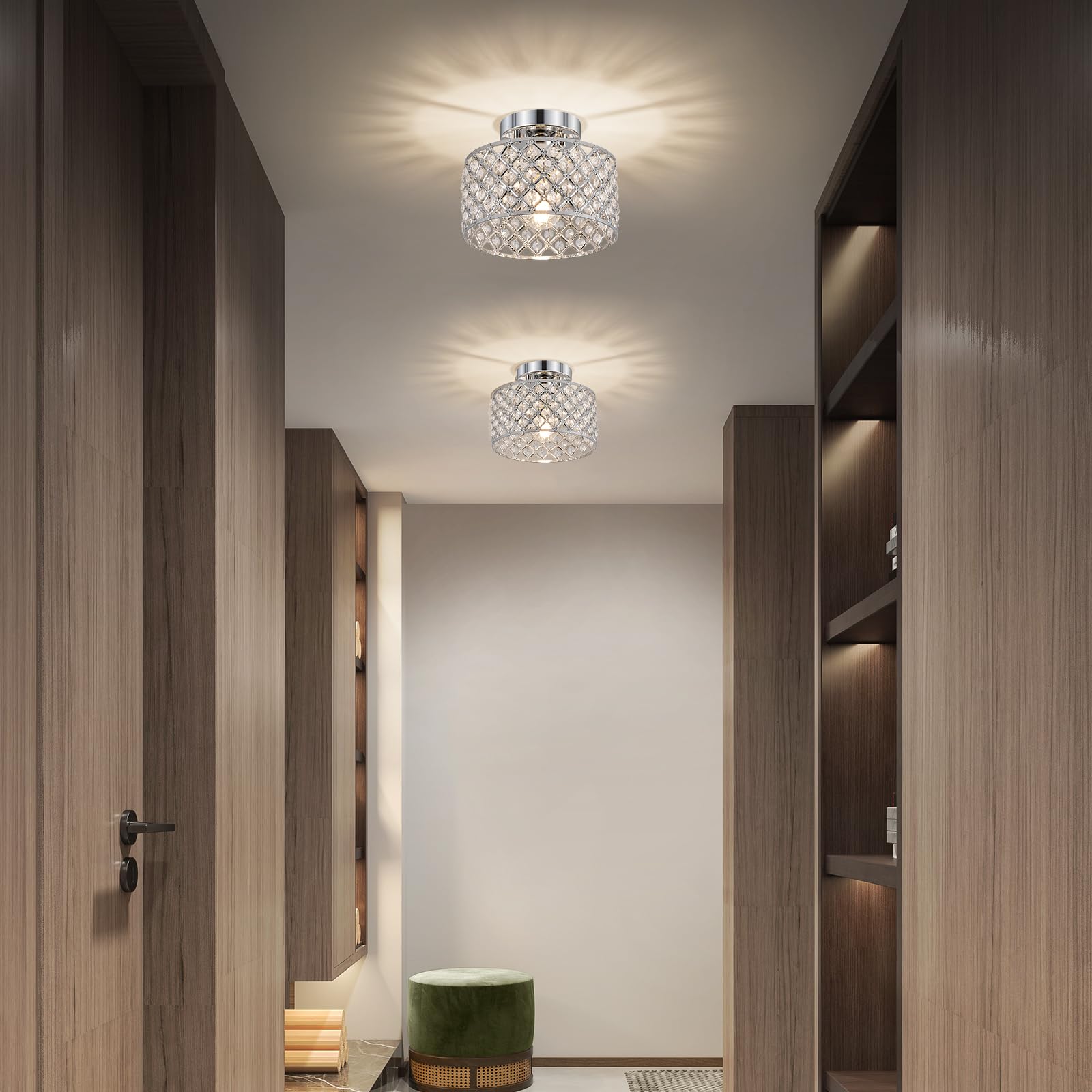 Chrome Crystal Ceiling Light Fixture Modern Semi Flush Mount Ceiling Lighting Fixture Round Small Chandelier For Hallway  Entryway  Laundry Room  Kitchen  Bedroom  Foyer  Bathroom  1 Light  9 Inch