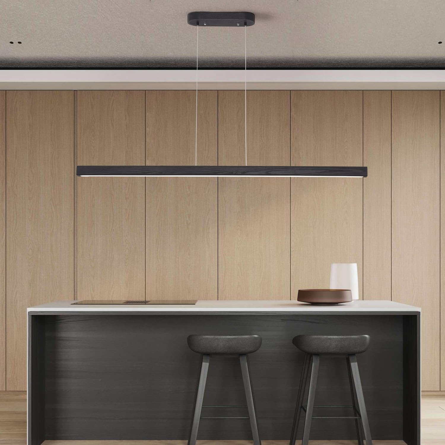 Yisdesign 59 Led Pendant Light 40W Dimmable With Remote Wood Linear Pendant Lighting Led Modern Chandelier Island Light With Black Finish For Living Room Dining Room Billiard & Pool Lights Black