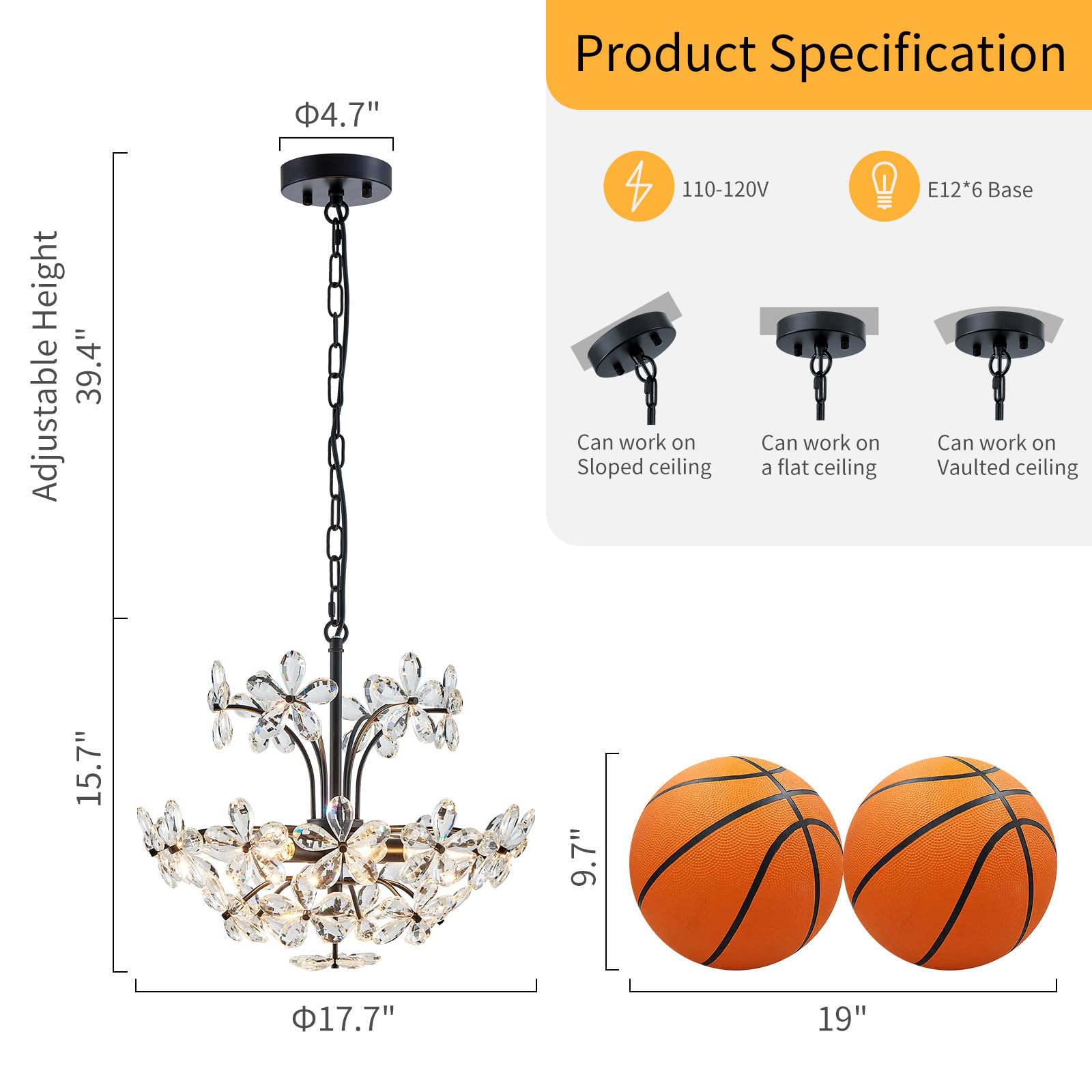 WUZUPS Crystal Chandelier Pendant Light, 15.7in H x 17.7in W, Black, 6 Lights, Metal, Model USHD90013P-B