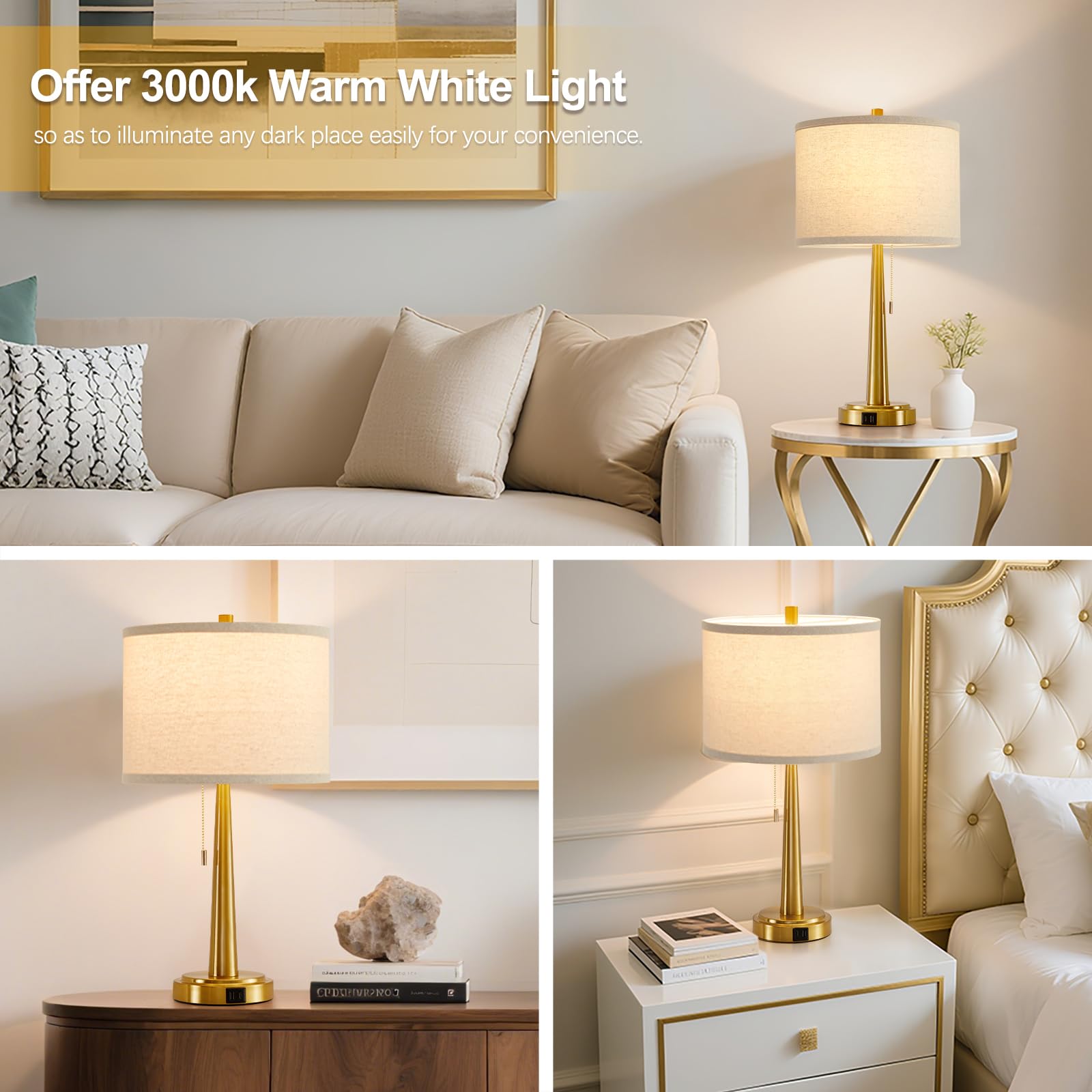 Gyrovu 22 Inches Table Lamps, Bedside Lamps With Usb And C Ports, Nightstand Lamp With Pull Chain, Gold Lamp Set Of 2 For Living