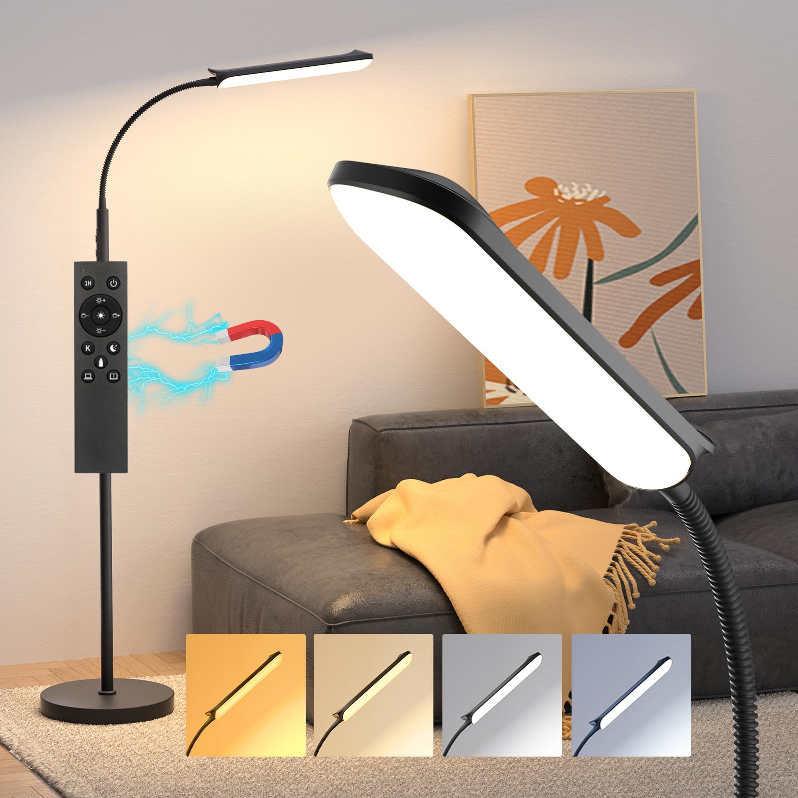 LED Floor Lamp, 18W Super Bright Floor Lamp for Living Room, Adjustable Stepless Colors & Brightness Gooseneck Standing Lamp, Ey