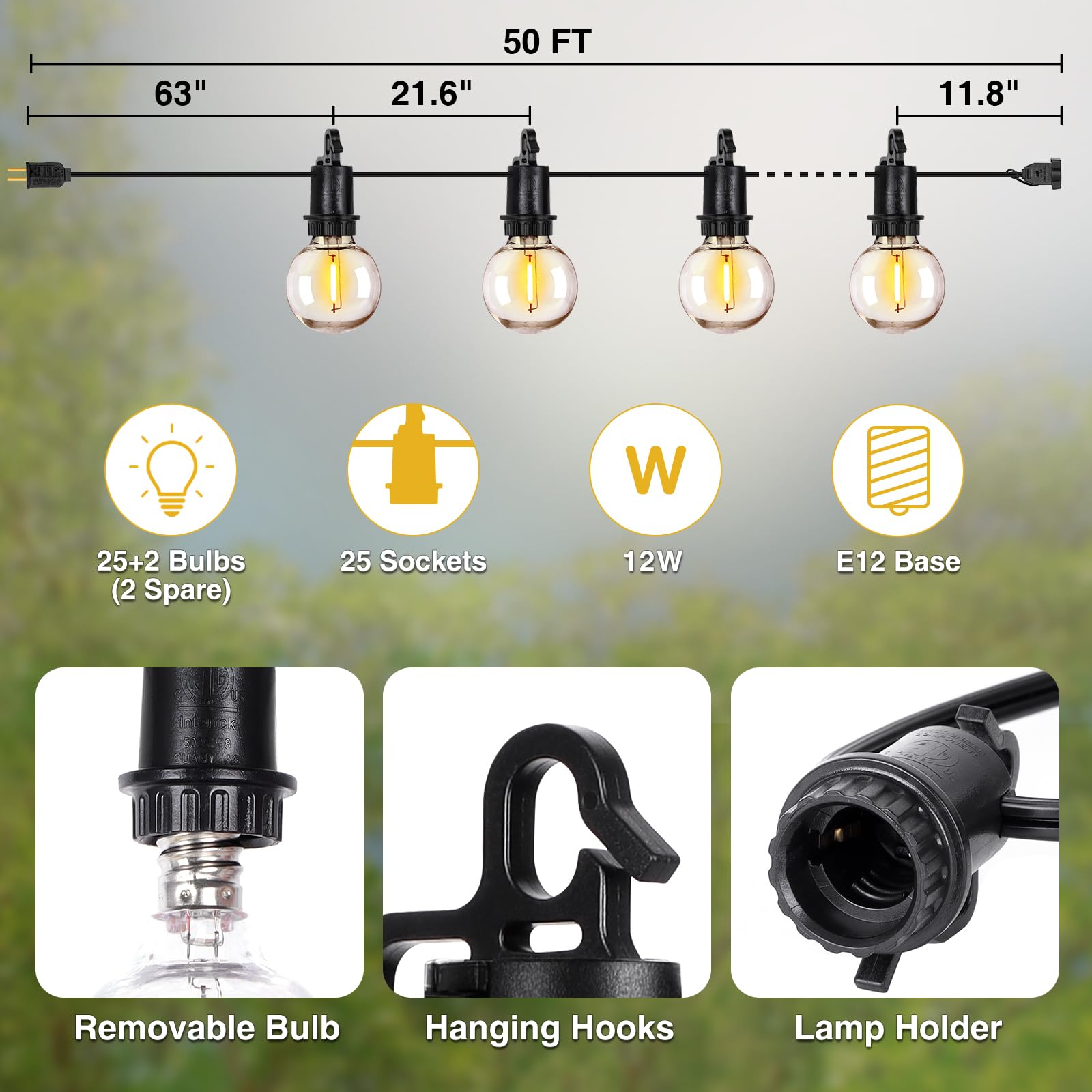 ZJOJO Outdoor String Lights, 50FT G40 Globe with 25 Shatterproof LED Bulbs, 2700K, Black, IP65 Waterproof, Model GYPC-O25LA