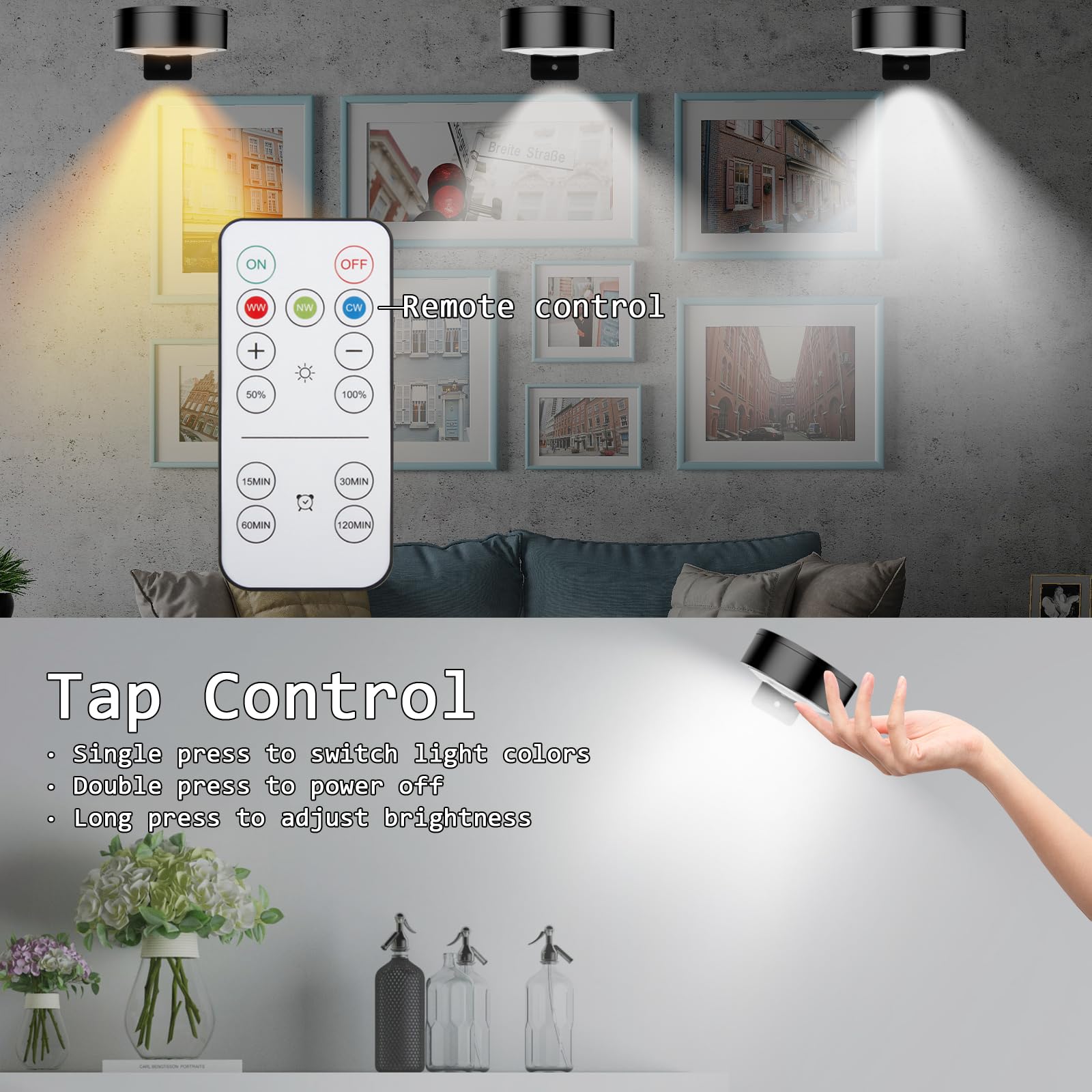 Libuam Wireless Battery Operated discomfort-reducingting Light With Remote Control 3 Lighting Modes Magnetic Led Art Display Light For Picture Frame  Dimmable And Timer  Wall Decor Display Light 3Pack Black