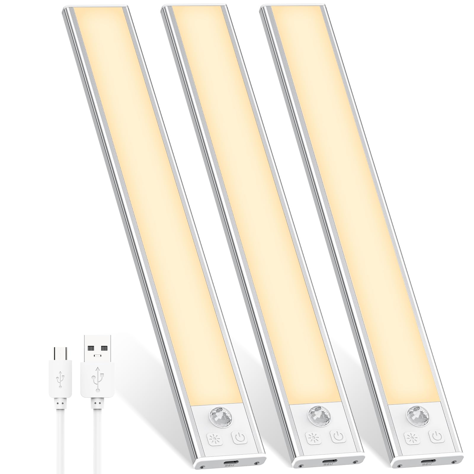 DEALGADGETS 3 Pack Under Cabinet Lights, 52 LED Warm White Rechargeable Under Cabinet Lighting Motion Sensor LED Lights for Kitc