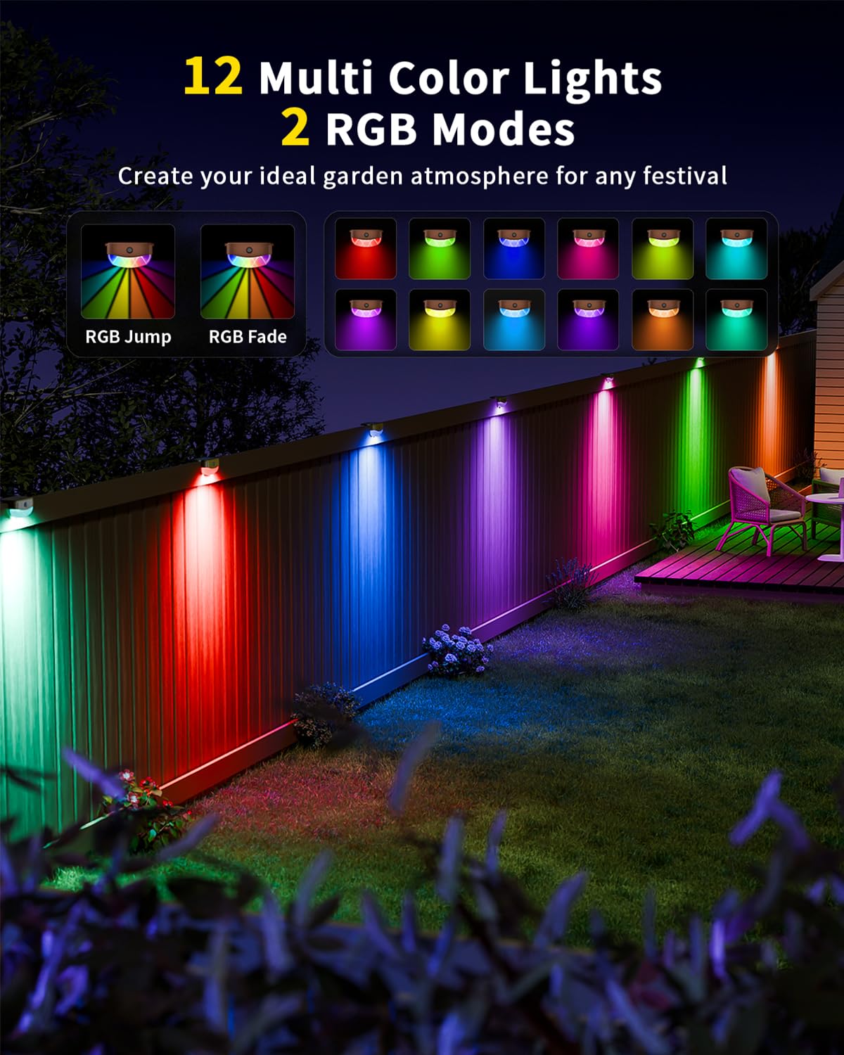 Hicotet Solar Fence Lights, 15 Multi Colors, IP67 Waterproof, 50ft, 12 Pack, Brown, Model LNM-WLD-01