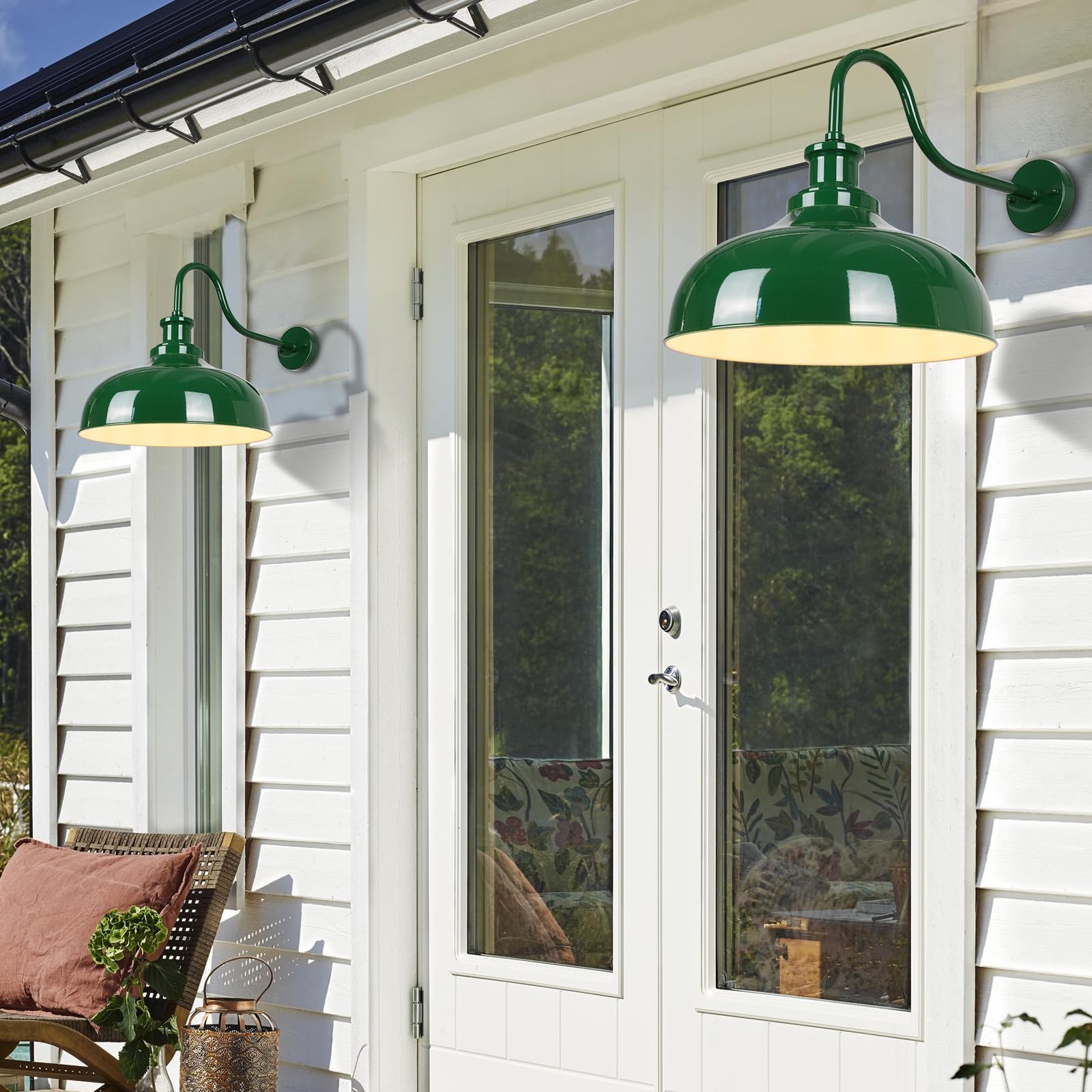 Diyel Outdoor Barn Light  14 Inch Dome Rustic Outdoor Wall Sconce  Farmhouse Exterior Wall Mount Lighting Fixture  Industrial Green Wall Lantern For Porch  Entryway  Garage  Rz007M Gr+Wh