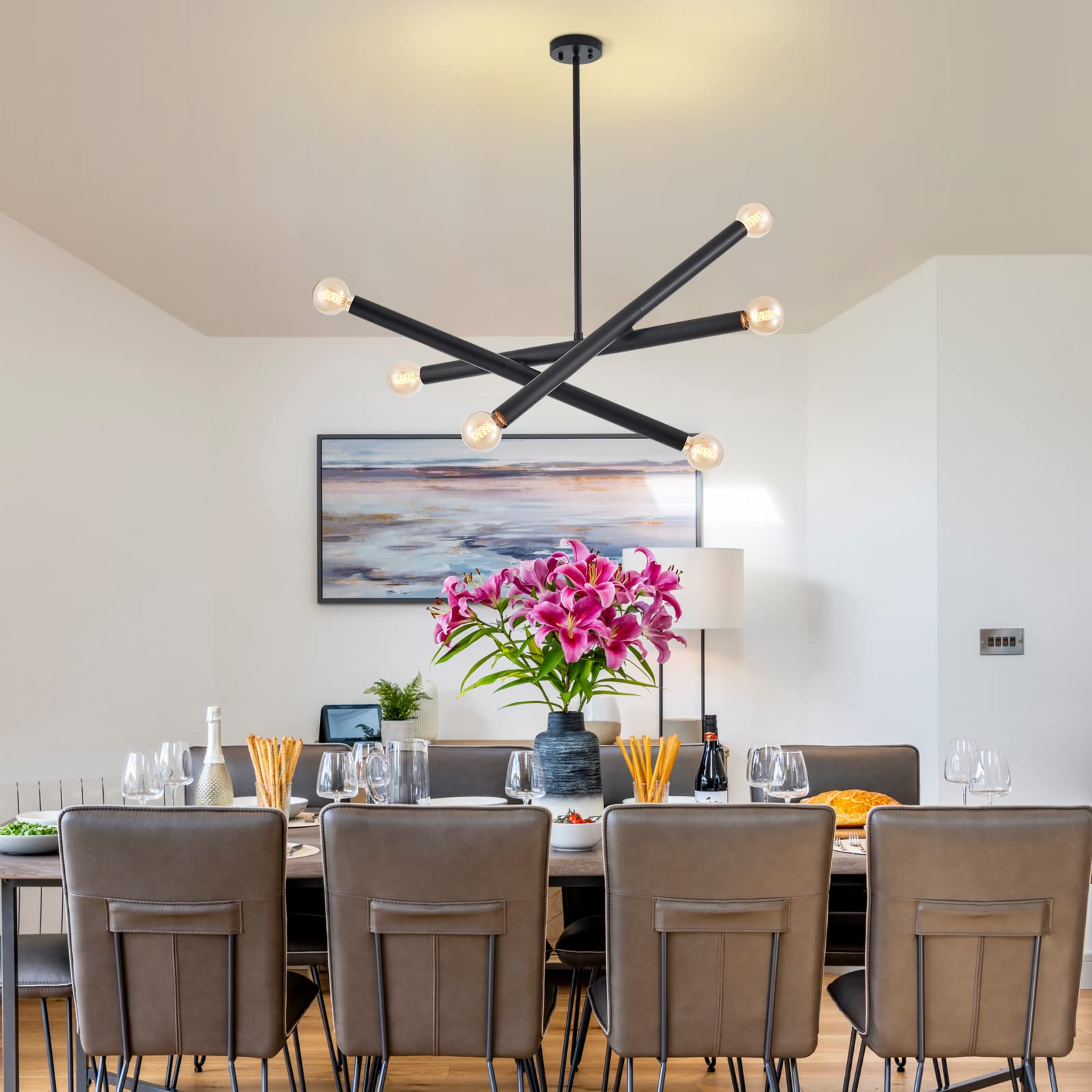 Vanzarla Black Sputnik Chandelier For Dining Room, Modern Pendant Light Kitchen, 6-Light Adjustable Hanging Light Fixture For En