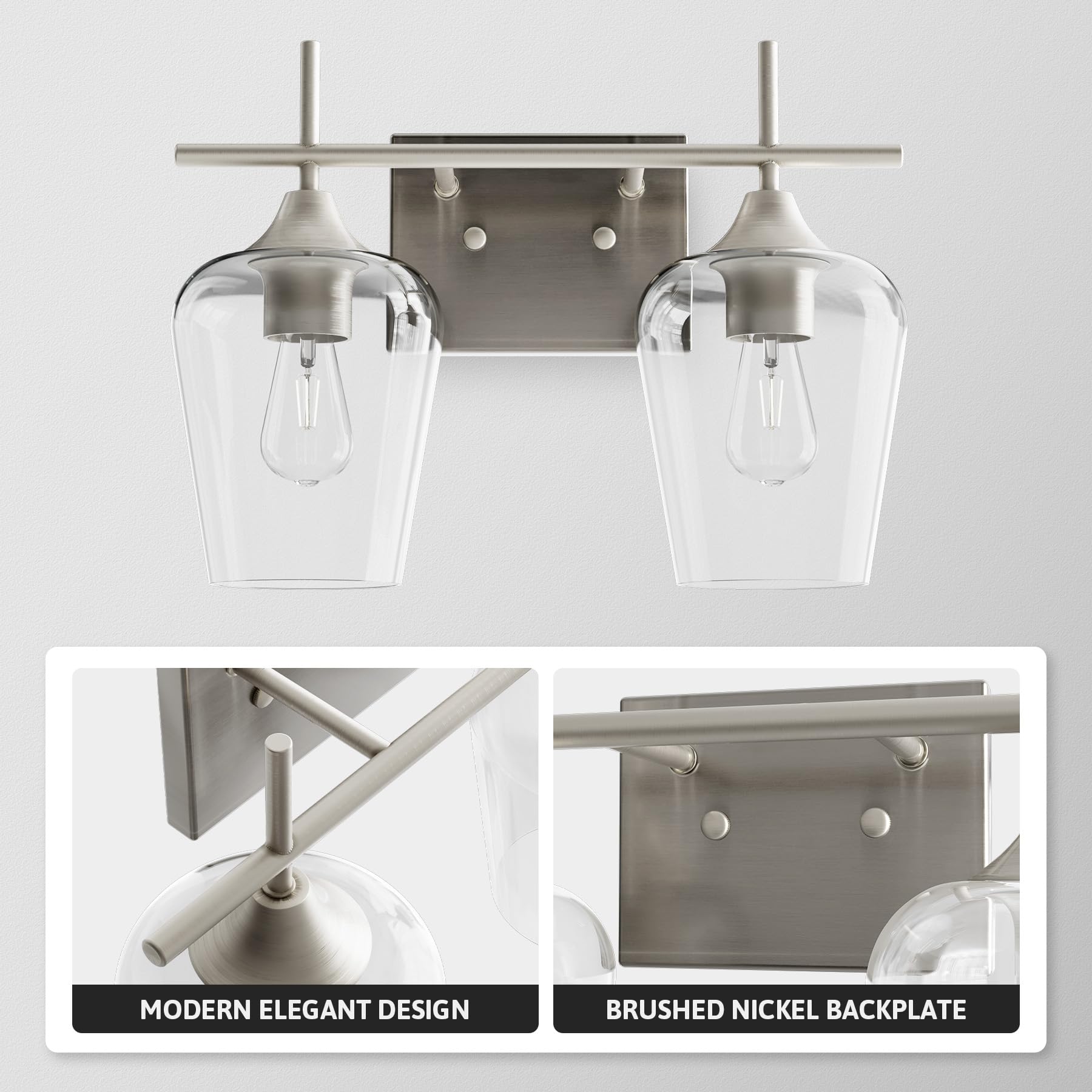 VONLUCE Bathroom Vanity Light Fixture, 2-Light Brushed Nickel, Clear Glass, Model HCF2802NI