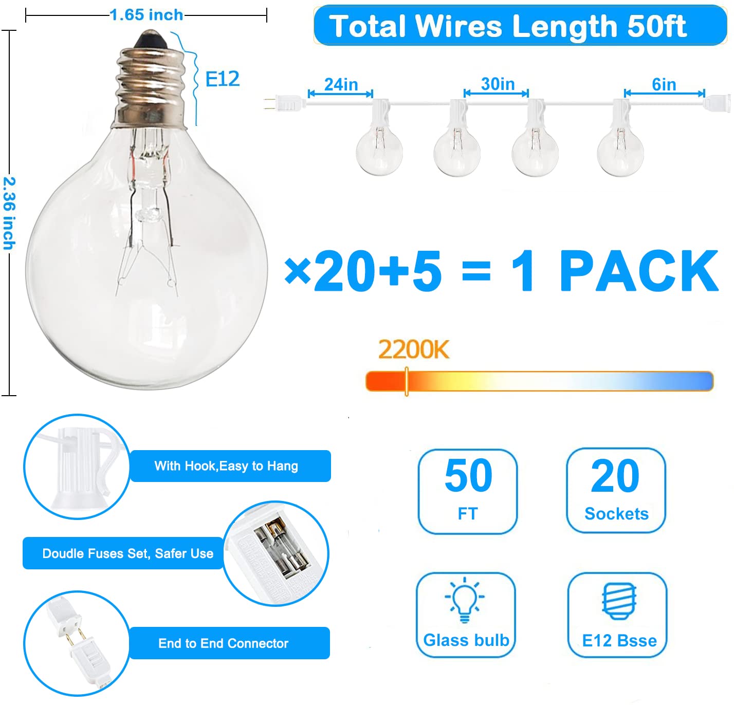 Abeja 50FT G40 Outdoor String Lights, 25 Clear Bulbs, E12 Base, UL Listed, White Wire