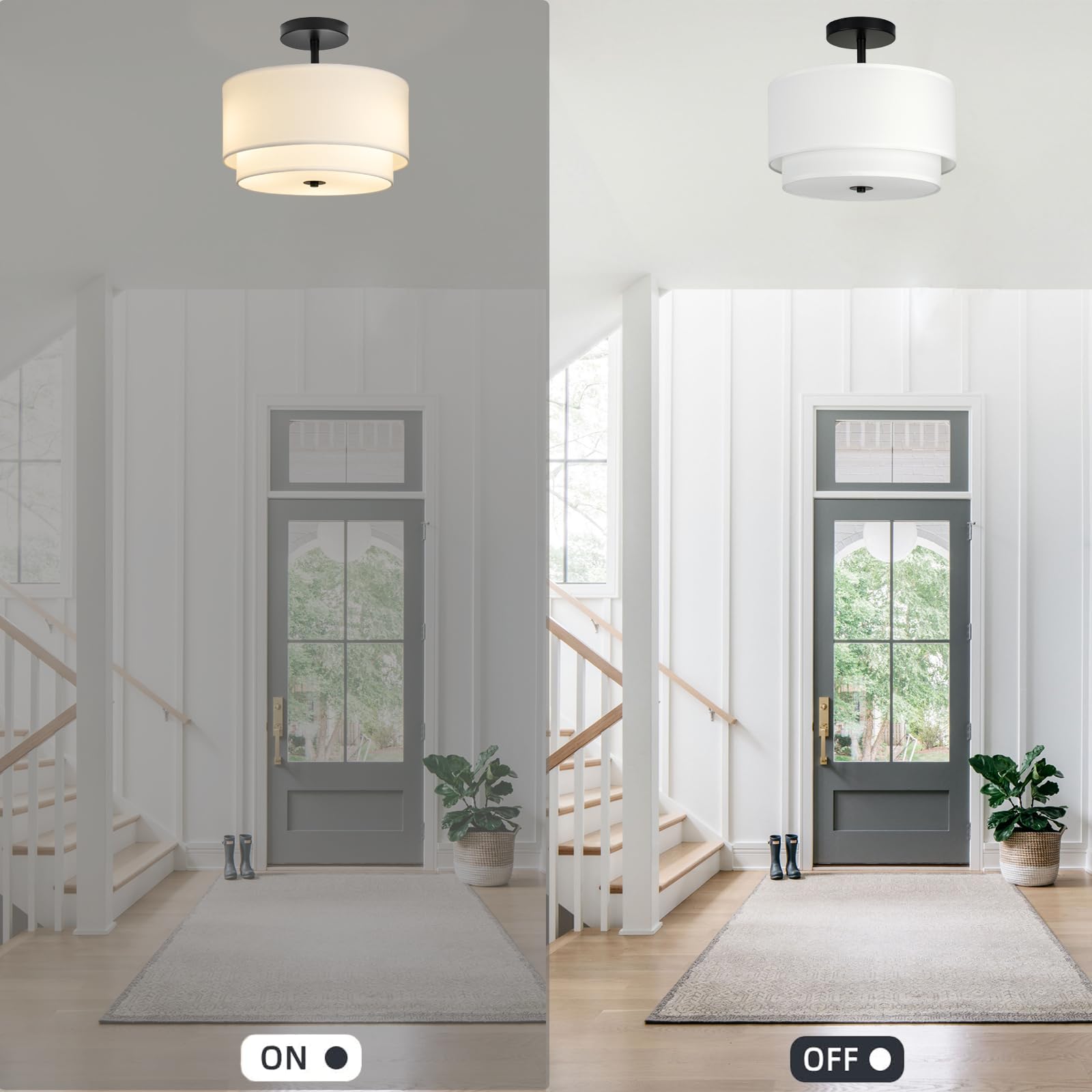 Vexagyle 3-Light Semi Flush Mount Ceiling Light Fixture,12.6Inch Modern Close To Ceiling Light With 2-Layer White Drum Fabric Sh