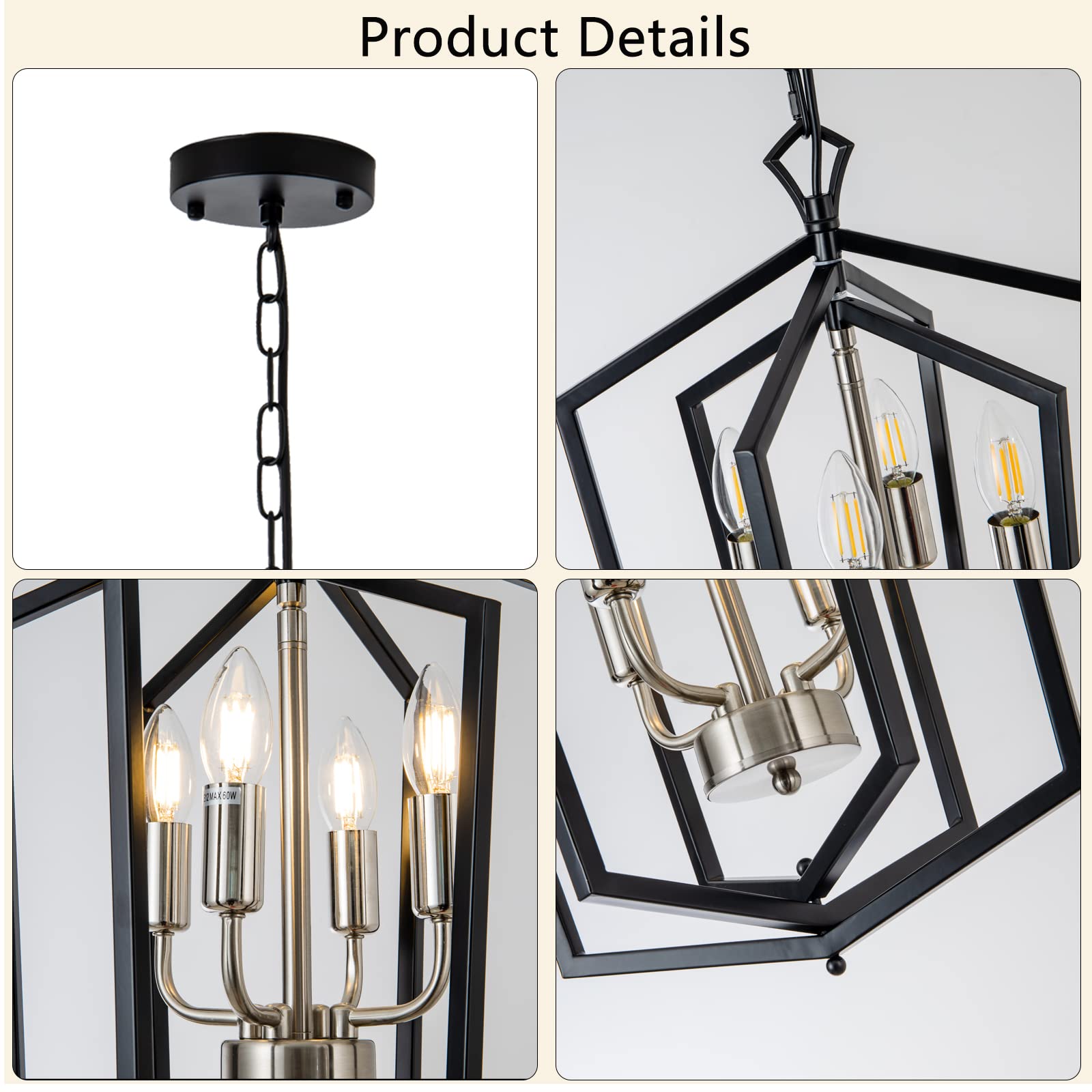Lanhall 4-Light Pendant Chandelier Metal Modern Light Fixture Black + Brushed Nickel for Dining Room, Kitchen Island, Foyer - Model 500-100-1038