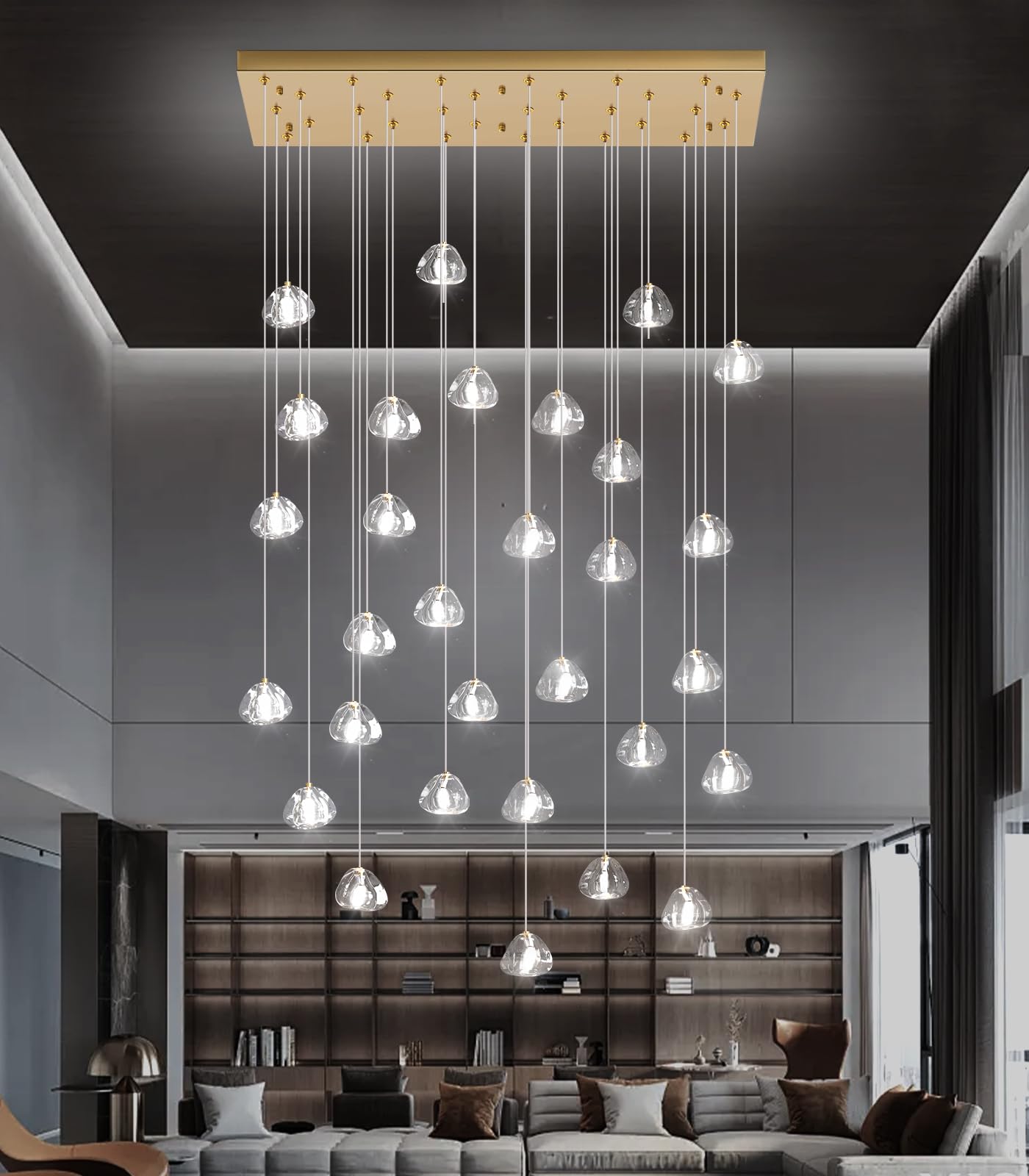 HAIXIANG Glam Chandelier Bubble Crystal Pendant Light Fixture, Dimmable, Antique Gold, 30 Lights Rectangular, Model MMQ9025