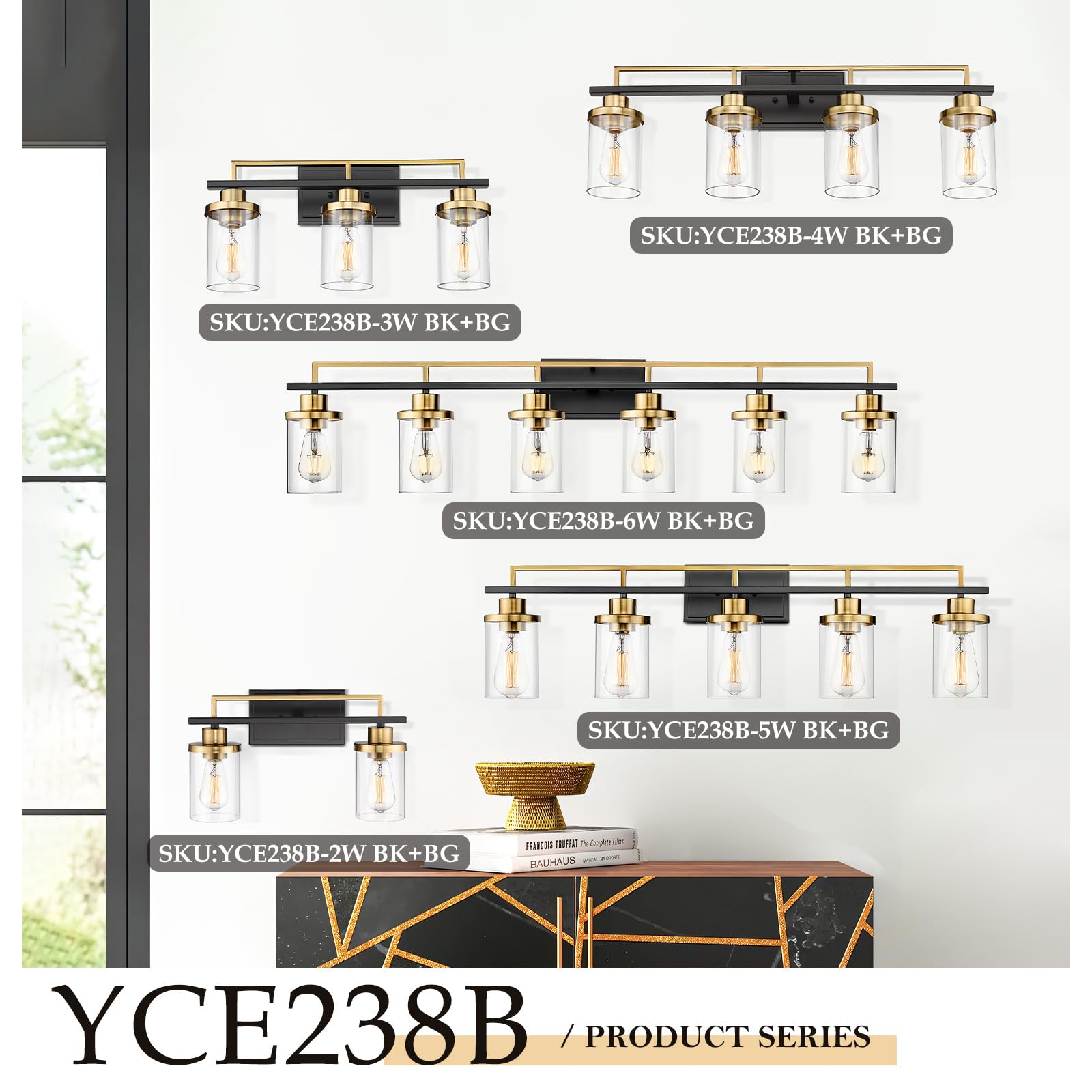 Emliviar 6-Light Farmhouse Wall Sconces, Black & Gold Metal Bathroom Lighting, Model YCE238B-6W BK+BG