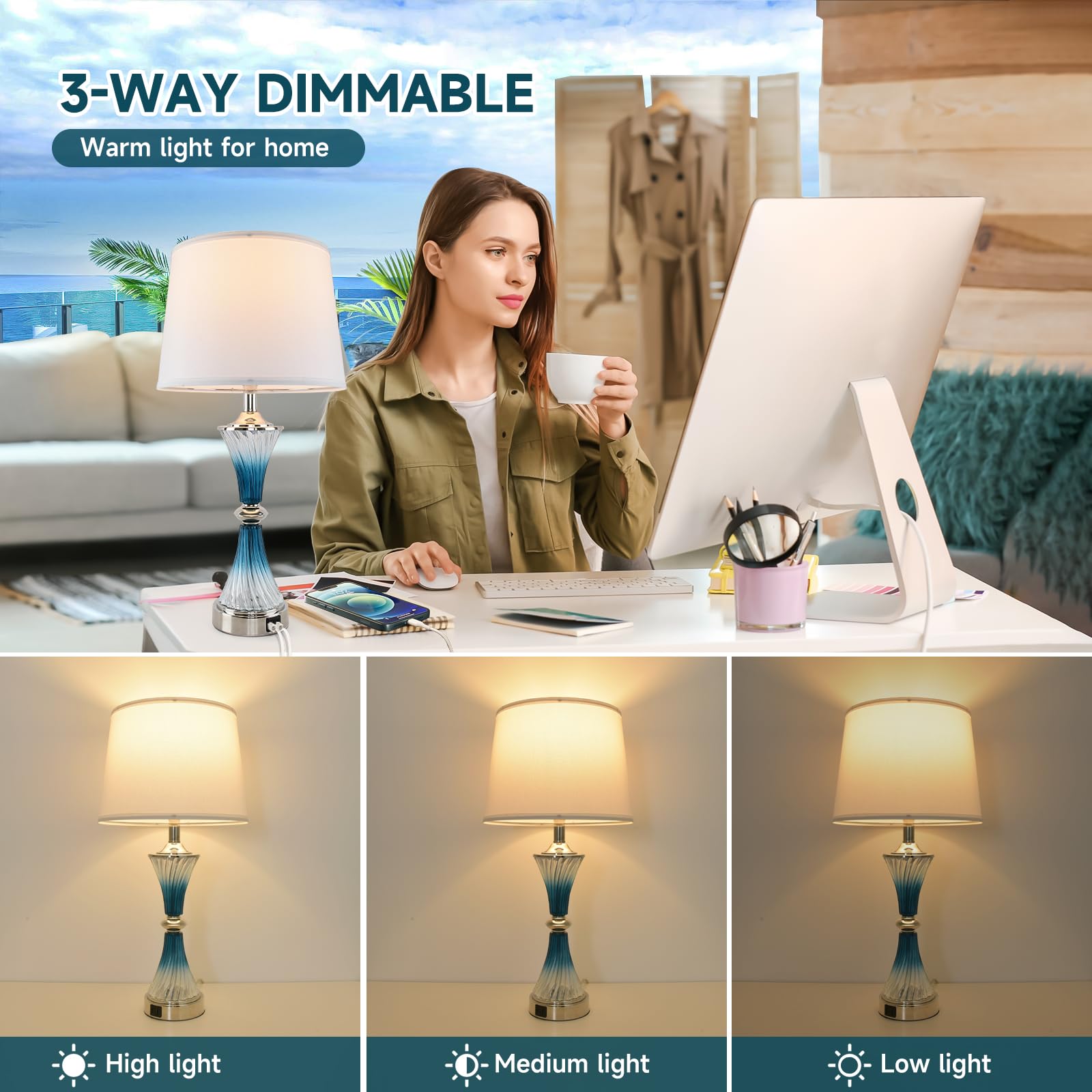 Terpsichore Modern Table Lamps Set Of 2: Coastal Glass, Blue & Cyan, Led, Touch Control, 3-Way Dimming, Usb Charging, Energy Eff