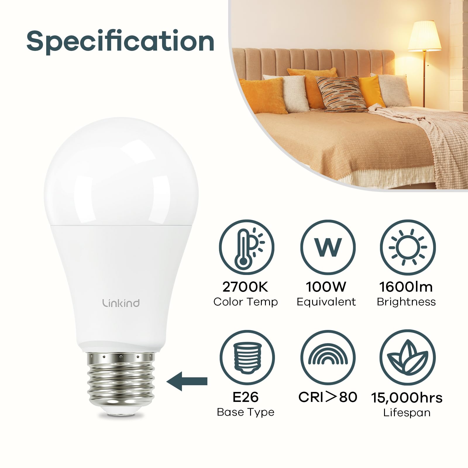 Linkind A19 LED Light Bulb 14W 100W Equivalent 1600 Lumens Soft White E26 Base 4-Pack