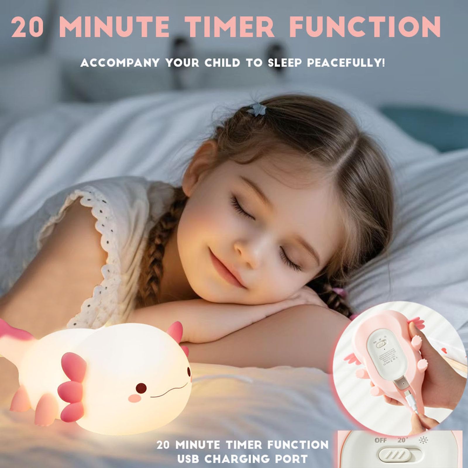 Cute Axolotl Night Light For Kids - Rechargeable Led Animal Silicone Table Lamp, Bedside Lamp For Nursery Room Decor