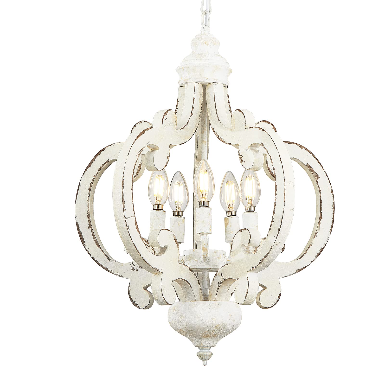 Farmhouse Chandeliers Handmade Distressed White Wood Pendant Light,5Light Country Hanging Light Fixture for Dining Room,Kitchen