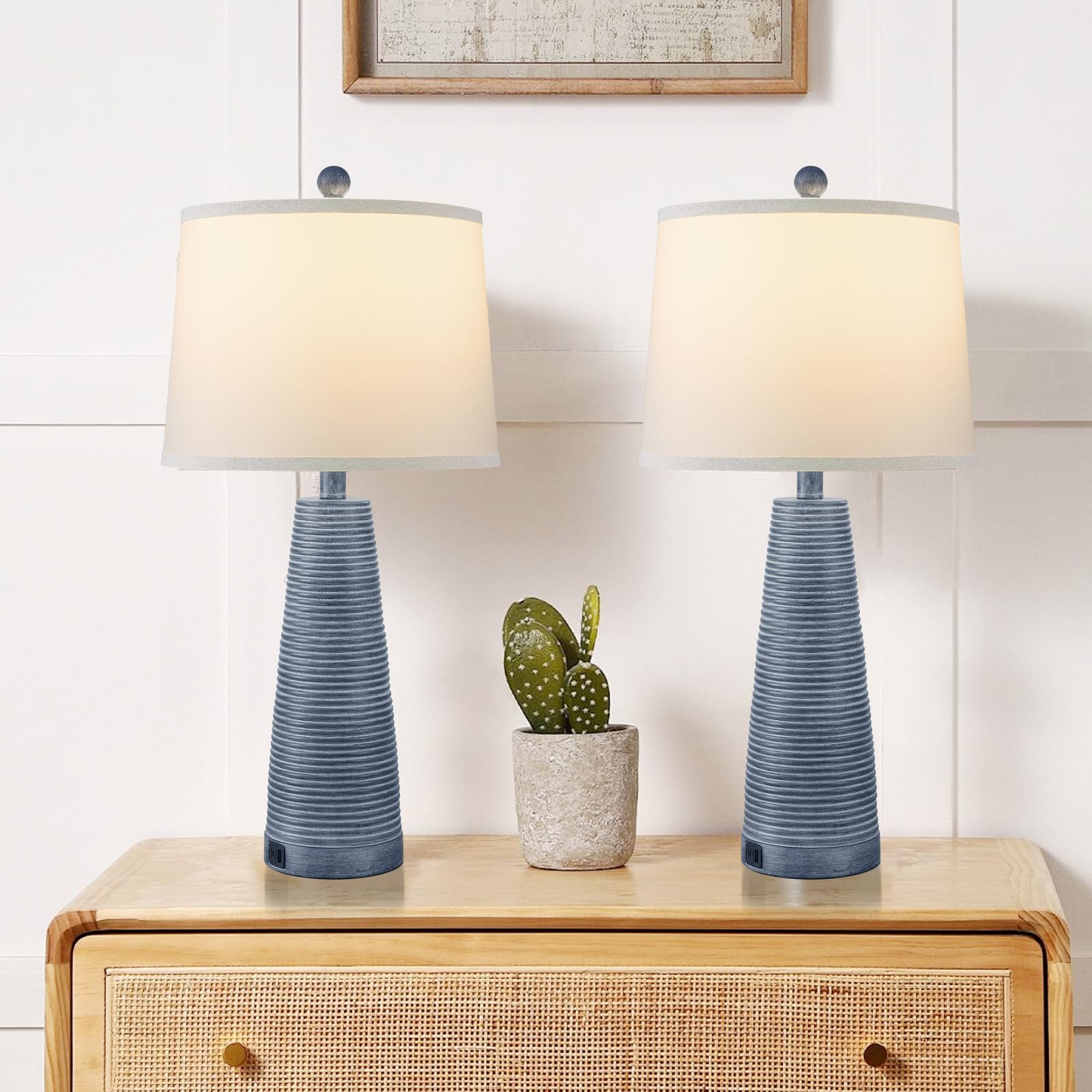 Nightstand Lamp Bedside Lamps Set of 2 Desk Lamps Vintage Rustic Farmhouse Table Lamp 3 Way Dimmable Horizontal Stripe Light,Sui