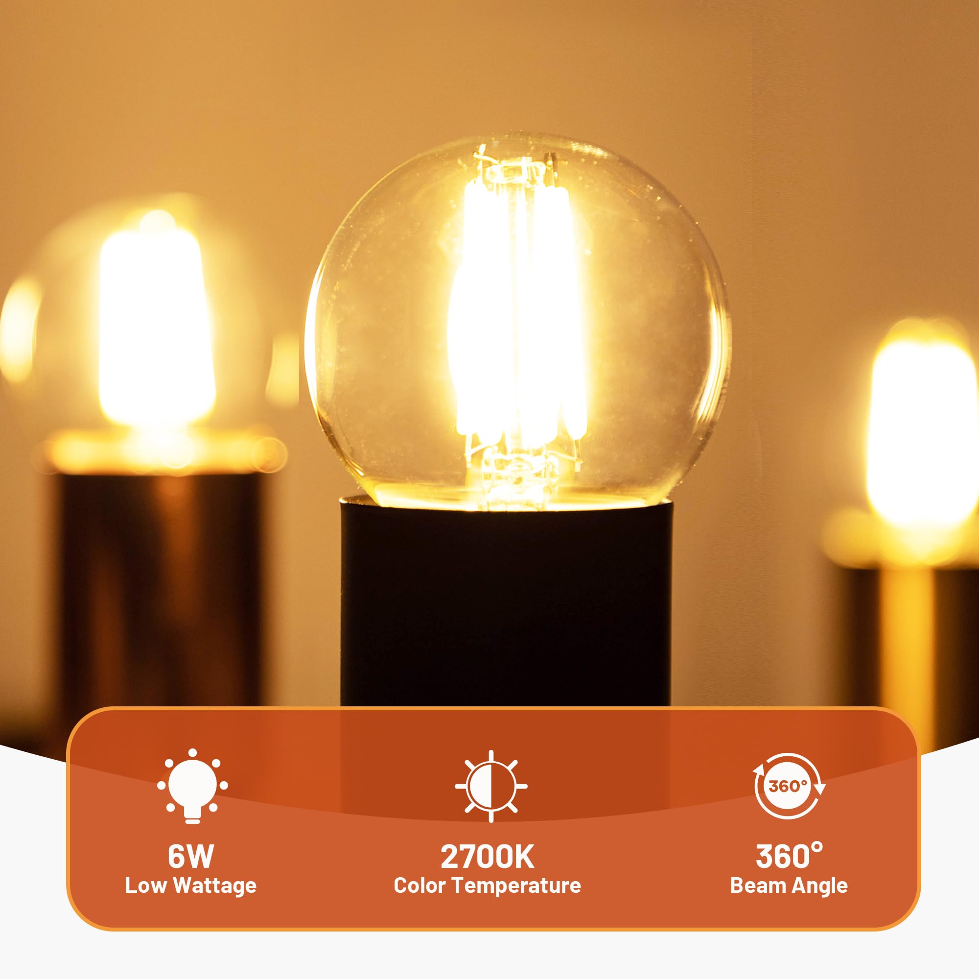 Guangyue Dimmable E26 Clear Led Edison Bulbs, G16.5 4W Equivalent 40 Watt Edison Bulbs, 760Lm 2700K Soft White, Small Round Deco