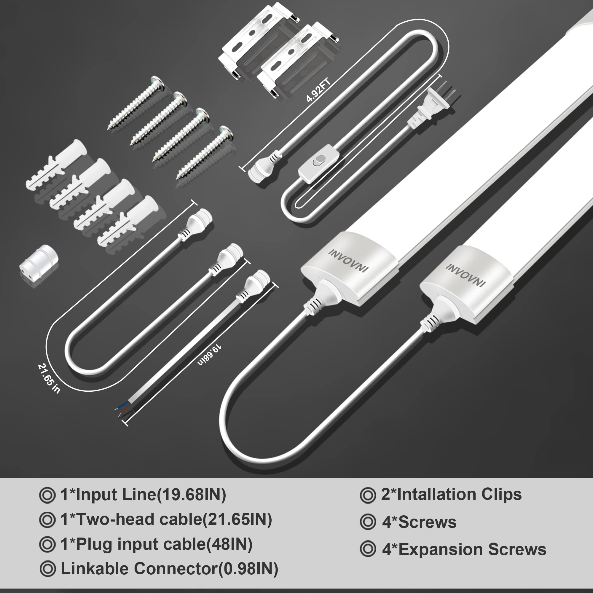 Invovni Plug In Light Bar With Switch, 2Ft 18W 5000K 2000Lm Under Cabinet Lighting, Led Ggarage Lights For Ceiling Wall Kitchen Bathroom Shelf Workbench, Linkable Tube Light, 2Pcs