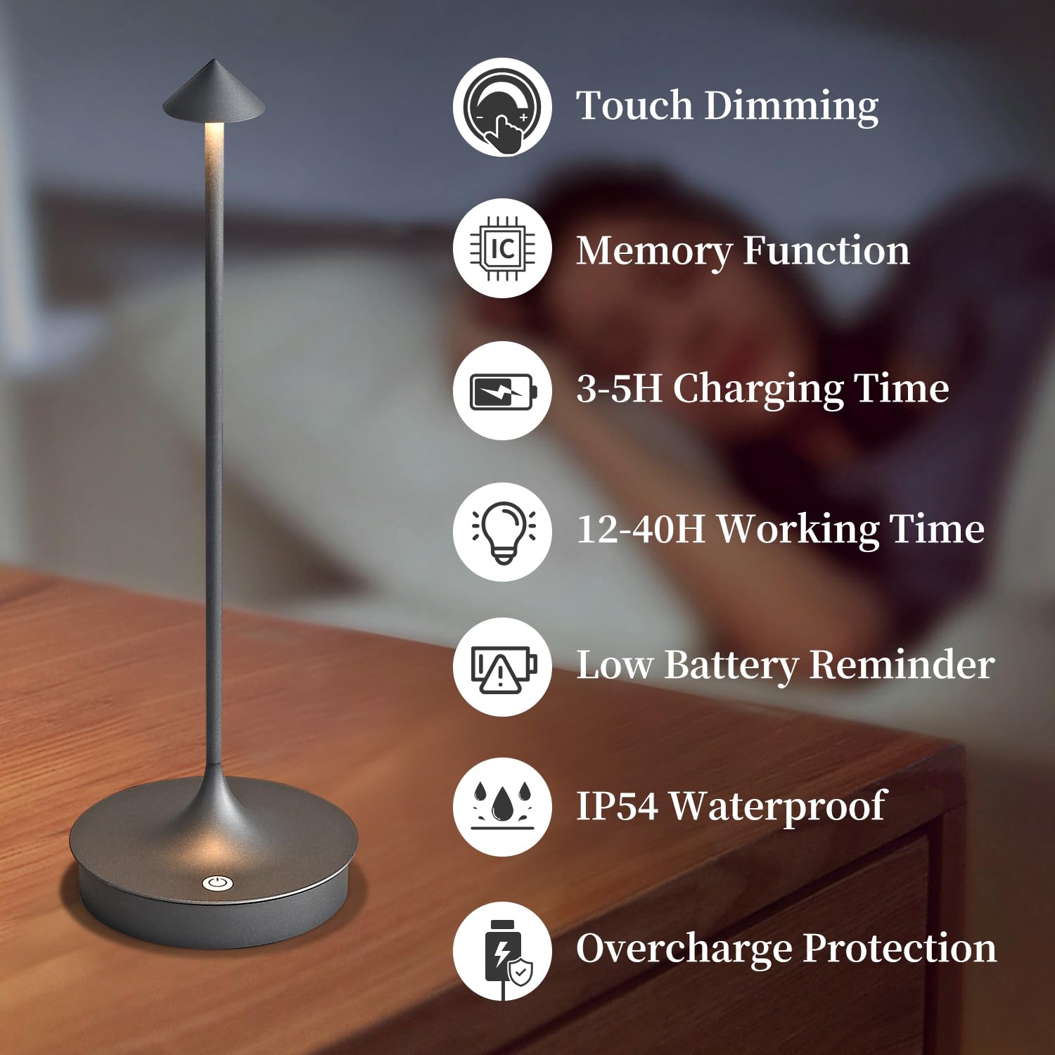 Cordless Table Lamp Rechargeable Led Battery Operated 4000Mah Table Lamp Touch Dimmable Lamp Outdoor Waterproof Portable Wireless Table Light For Dining Restaurant Bar Indoor/Outdoor Use(Grey)