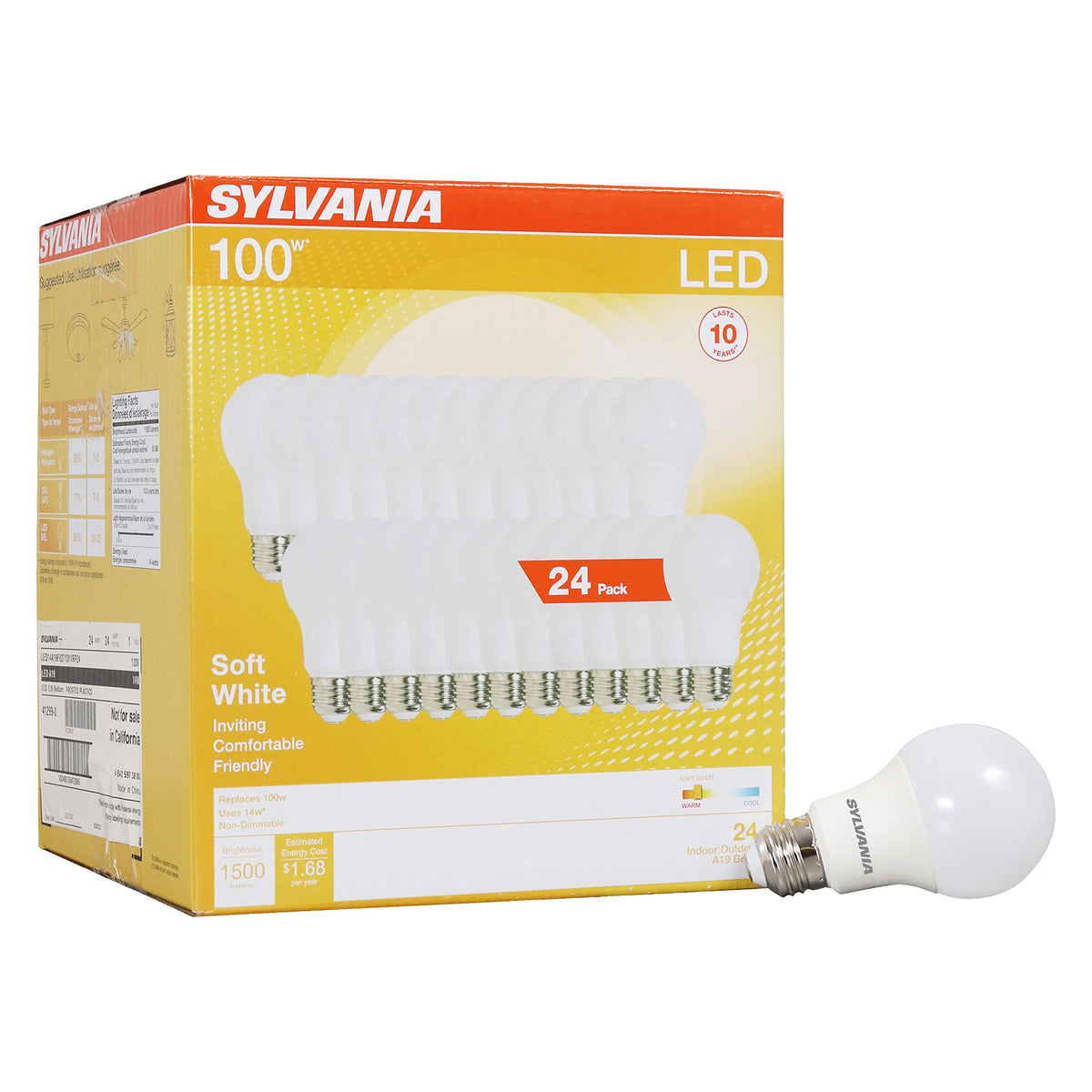 Sylvania Led Light Bulb, 100W Equivalent A19, Efficient 14W, Medium Base, Frosted Finish, 1500 Lumen, Soft White - 24 Pack (4129