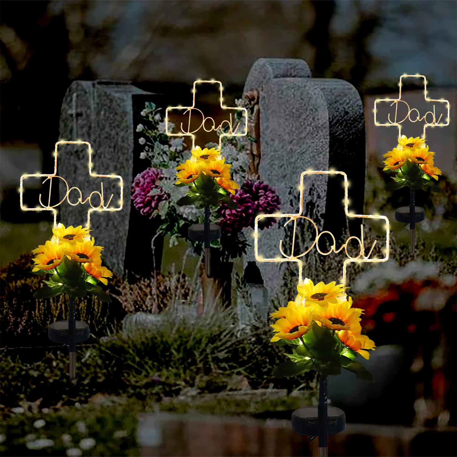 Lmtocs Solar Cross Grave Lights - Waterproof Sunflower Design For Cemetery, 2 Modes, Memorial Decor For Dad