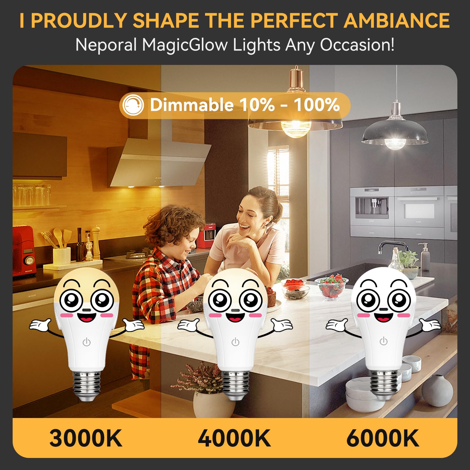 Neporal MagicGlow 15W USB Rechargeable Light Bulbs, Dimmable 3000K-6000K, 2-Pack, Remote+Touch Control, Large 1800mAh