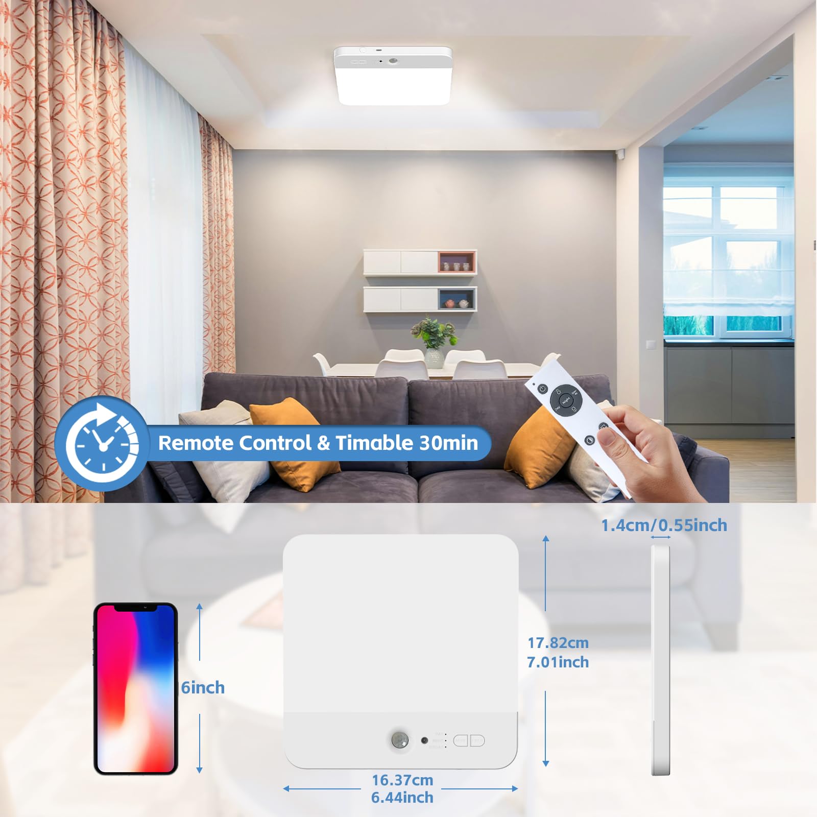 Narundren Rechargeable Motion Sensor Ceiling Light With Remote, Wireless Ceiling Lights Battery Operated Closet Light, 3 Colors