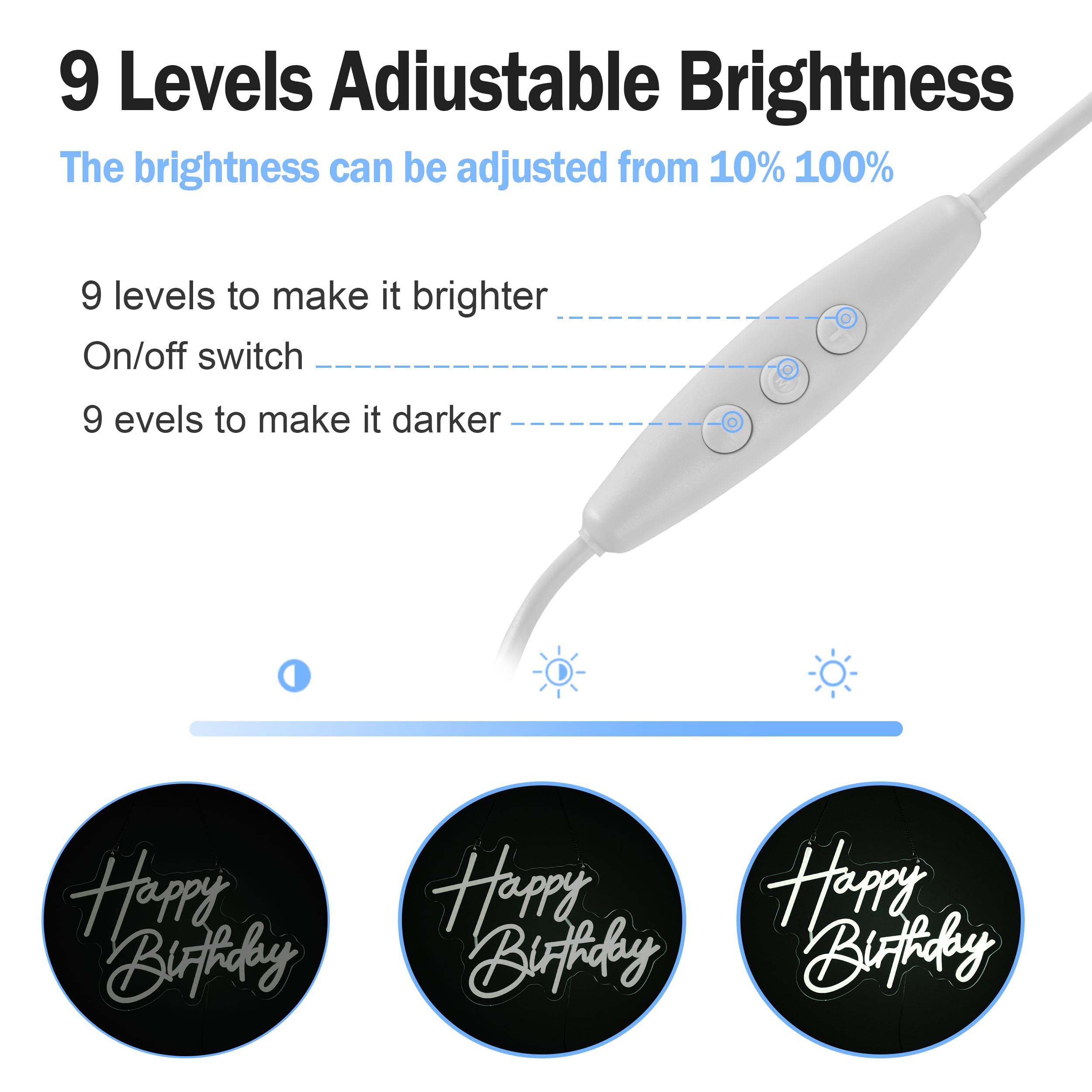 ASIUXIRS Happy Birthday Neon Sign Wall Light - White Plastic for Bar, Club, Bedroom, Cafe, Wedding Party