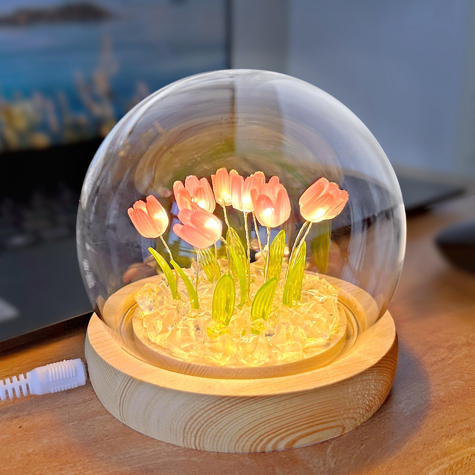 Birthday Gift for Women, Flower Night Light USB Tulip Table Lamp with Wooden Base and Glass Cover for Home Decor Ideal Anniversa