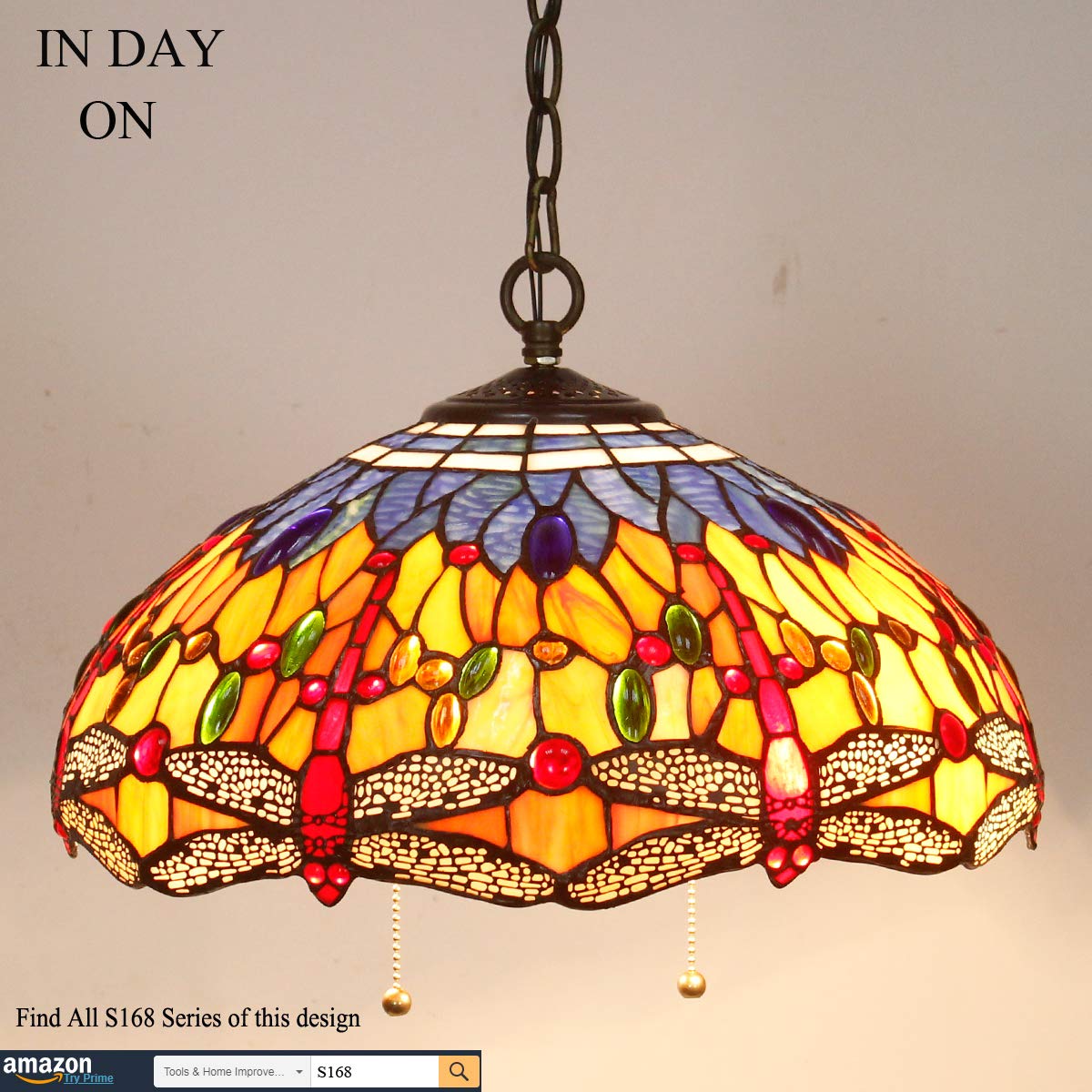 WERFACTORY Tiffany Pendant Light, 16in Wide, 40in Height, Stained Glass, Orange Blue Dragonfly S168 Series, Large Hanging Lamp