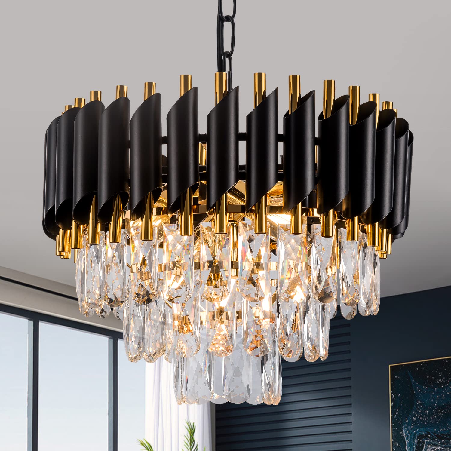 brfaixla 3-Tier Black Gold Crystal Chandelier 5-Light 15 Modern Crystal Pendant Chandelier Ceiling Light Fixture Hanging Lighting for Kitchen Island Dining Room Foyer Entryway Bedroom