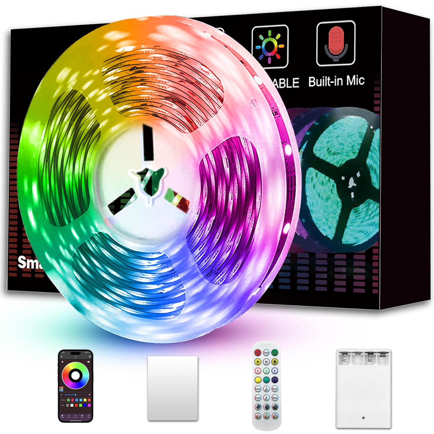 L8star 20ft Battery Powered LED Strip Lights, RGB Color Changing, Music Sync, Model BBA-001, USB Remote Control