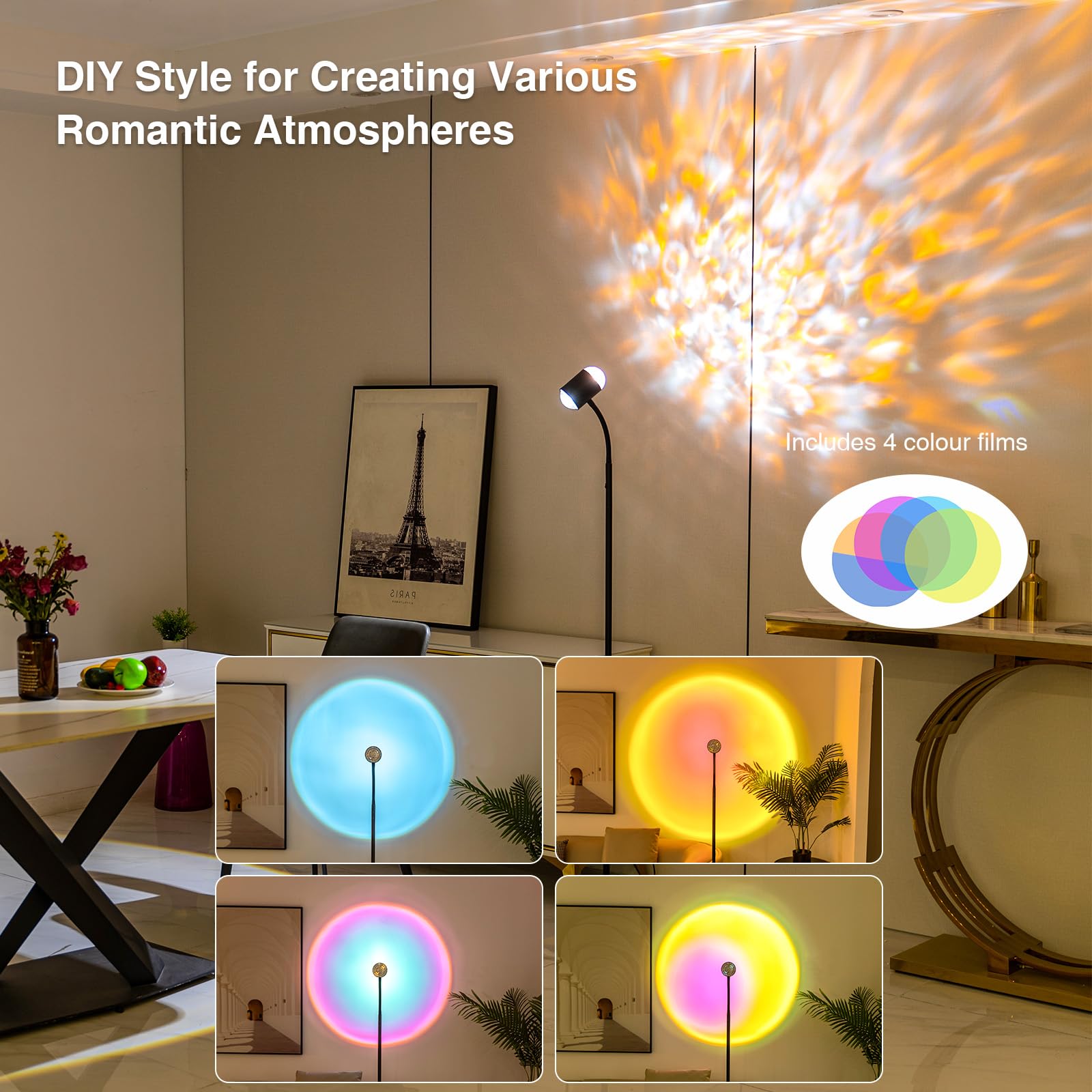Sunset Lamp Projector With 3D Ocean Wave, 12 Colors Changing & Four Mode With Usb Port, Rgb Floor Lamp Double Side Lighting With
