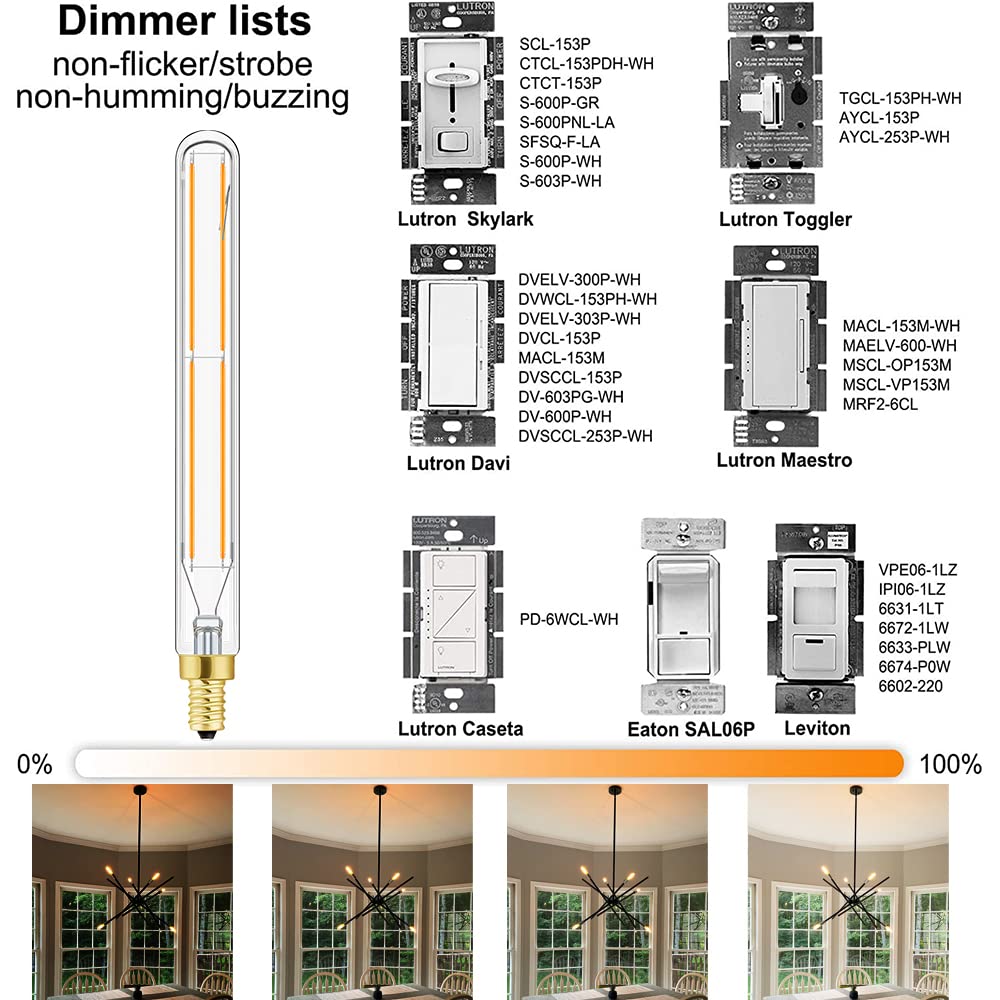 Leools E12 LED Tube Bulbs, 6W Dimmable Antique Glass Filament, Warm White 2700K, 750LM, Pack of 6, 7.3in