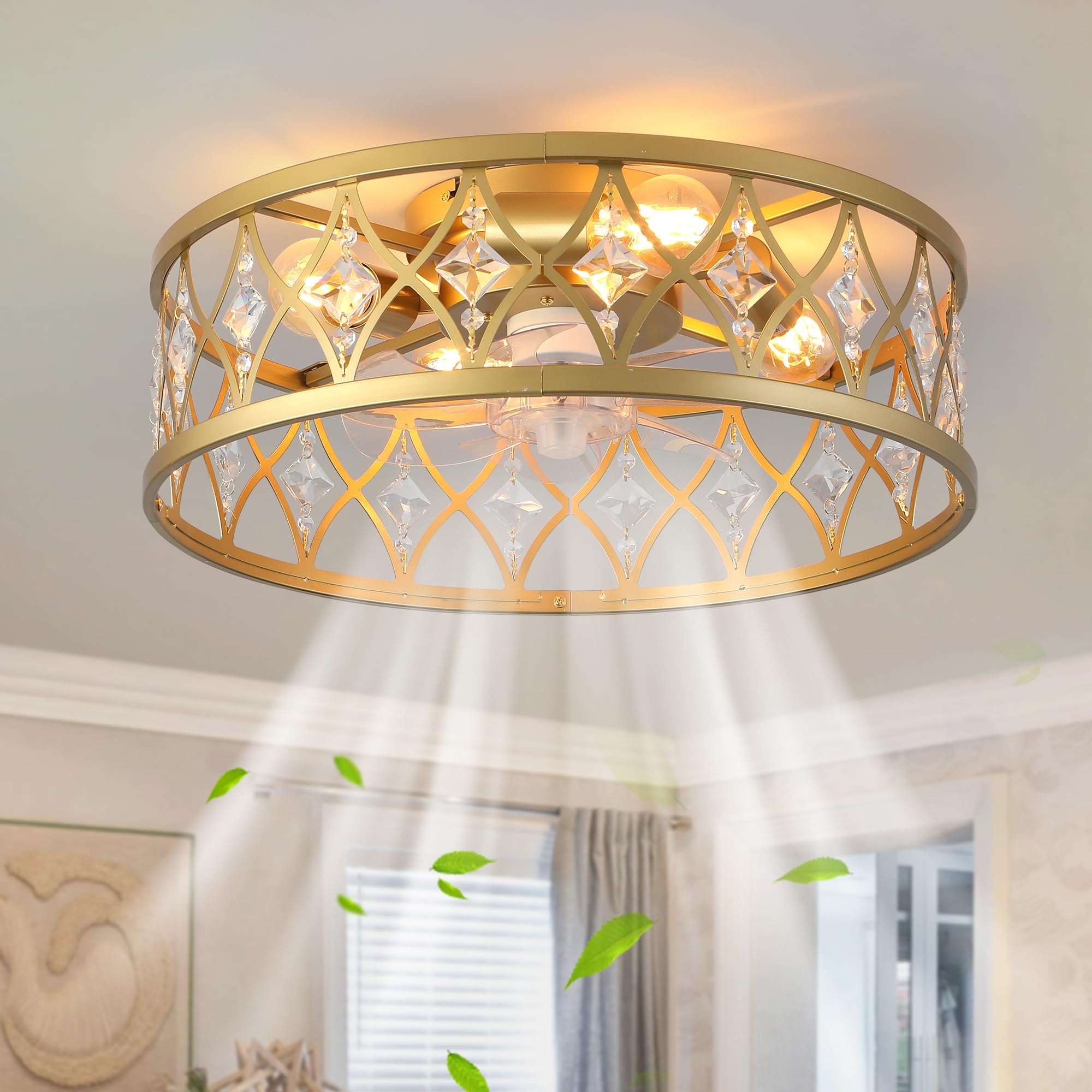 Garwarm Caged Ceiling Fan with Light,20 Ceiling Fans with Lights and Remote,Bladeless Fandelier Small Low Profile Ceiling Fan Li